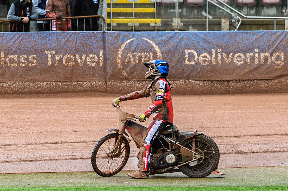 Belle Vue Aces' Connor Bailey pulls up with machine problems during the Rowe Motor Oil Premiership match between Belle Vue Aces and Sheffield Tigers at the National Speedway Stadium, Manchester on Monday 27th May 2024. (Photo: Ian Charles | MI News)