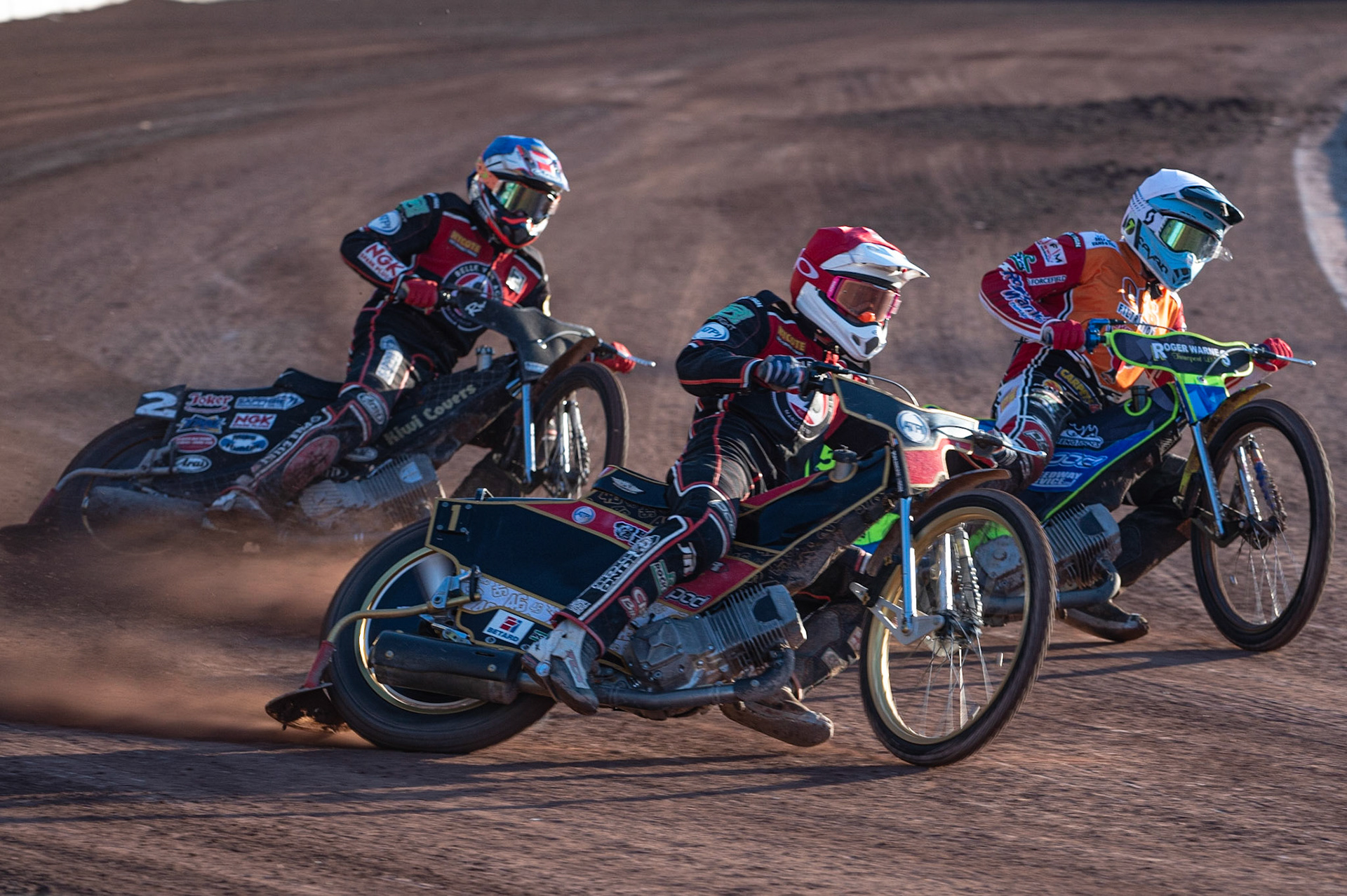 Photo: Ian Charles

Max Fricke  (Red) outside Troy Batchelor  (White) with Ricky Wells  (Blue) behind

Belle Vue Aces v Swindon Robins, British Speedway Premiership, Belle Vue National Speedway Stadium, Manchester, Monday 20  May  2019