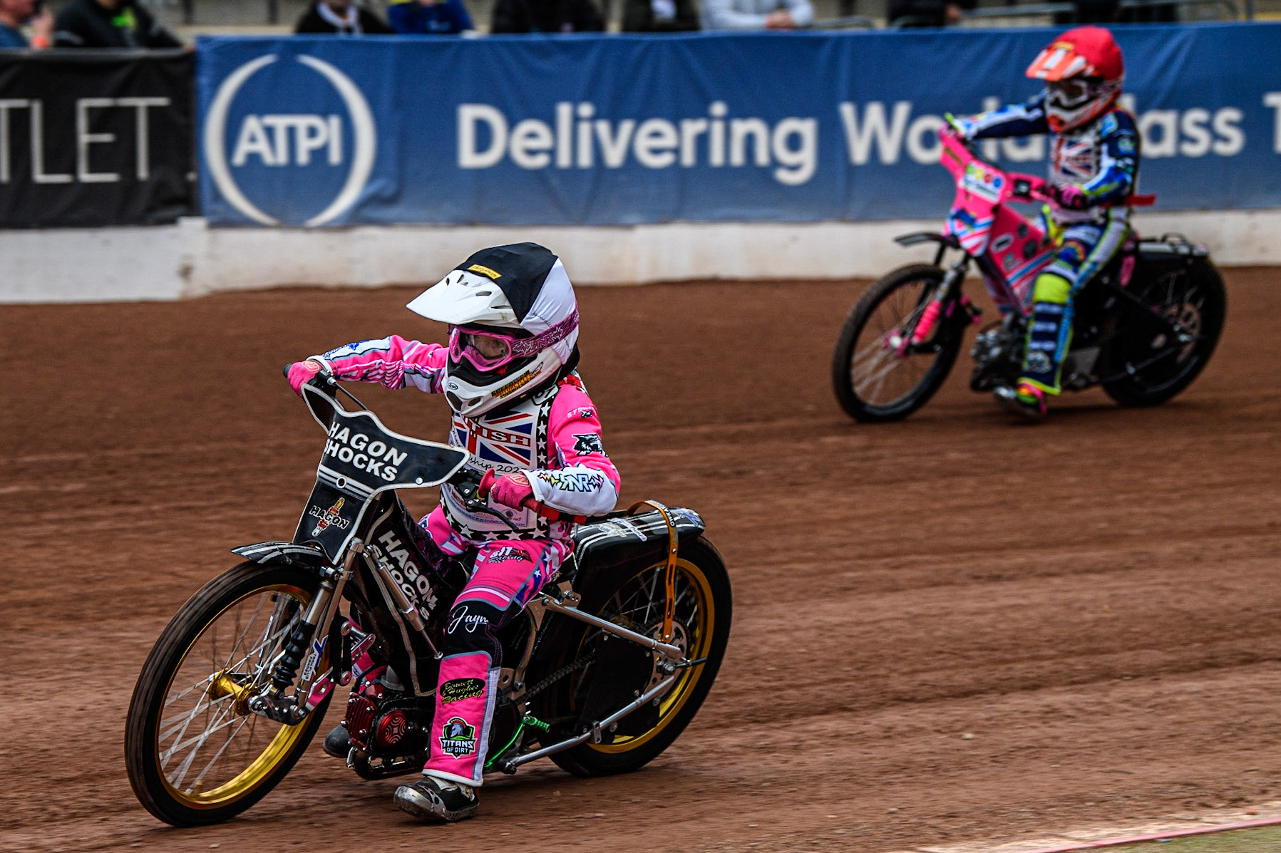 Jessica Cox  (Black\White) leads Chloe Davis  (Red) during the British Youth Championships at the National Speedway Stadium, Manchester on Friday 12th May 2023. (Photo: Ian Charles | MI News)