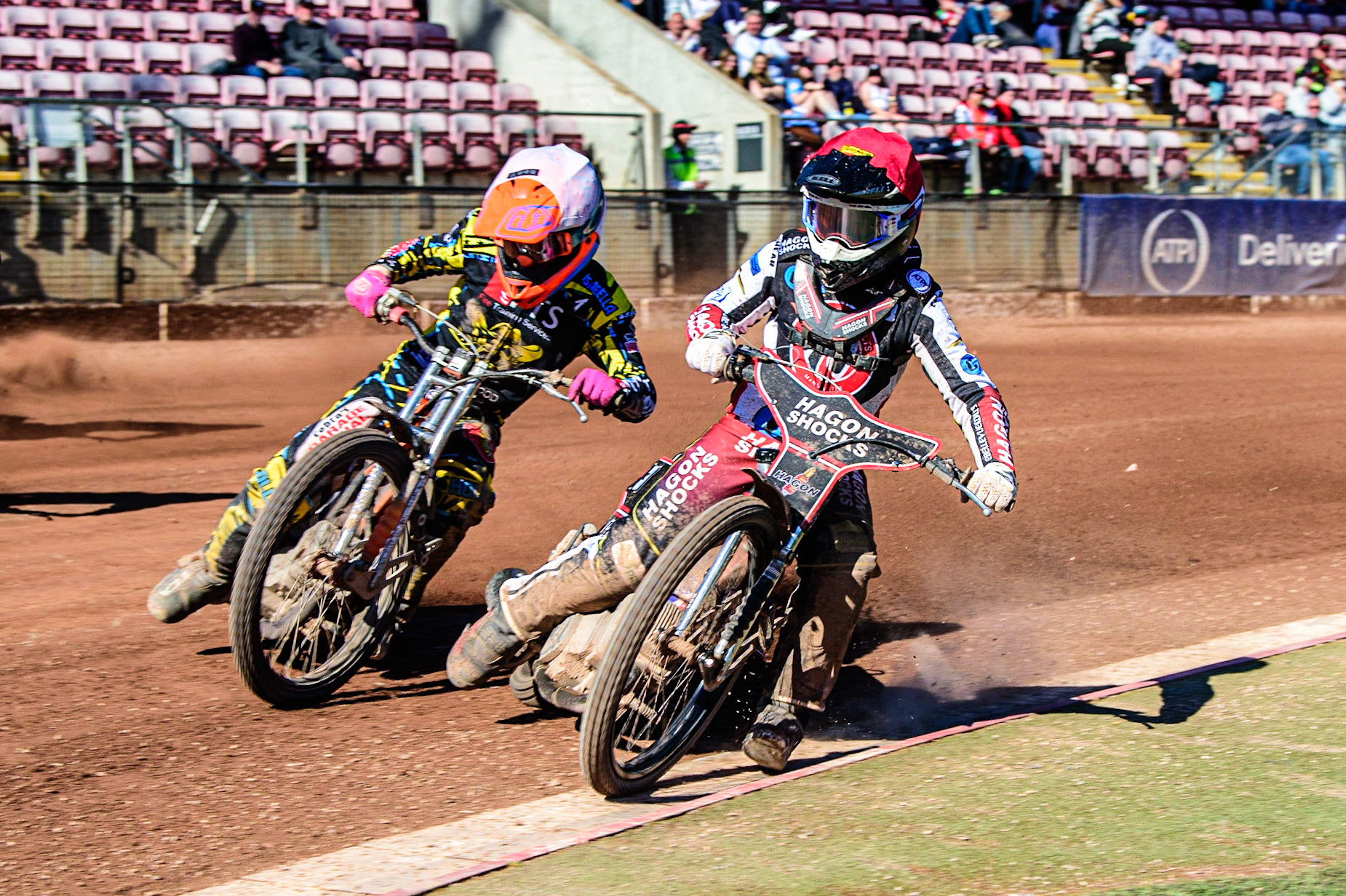 Sam Hagon  (Red) inside Connor Coles  (White) during the National Development League match between Belle Vue Colts and Berwick Bullets at the National Speedway Stadium, Manchester on Friday 7th April 2023. (Photo: Ian Charles | MI News)