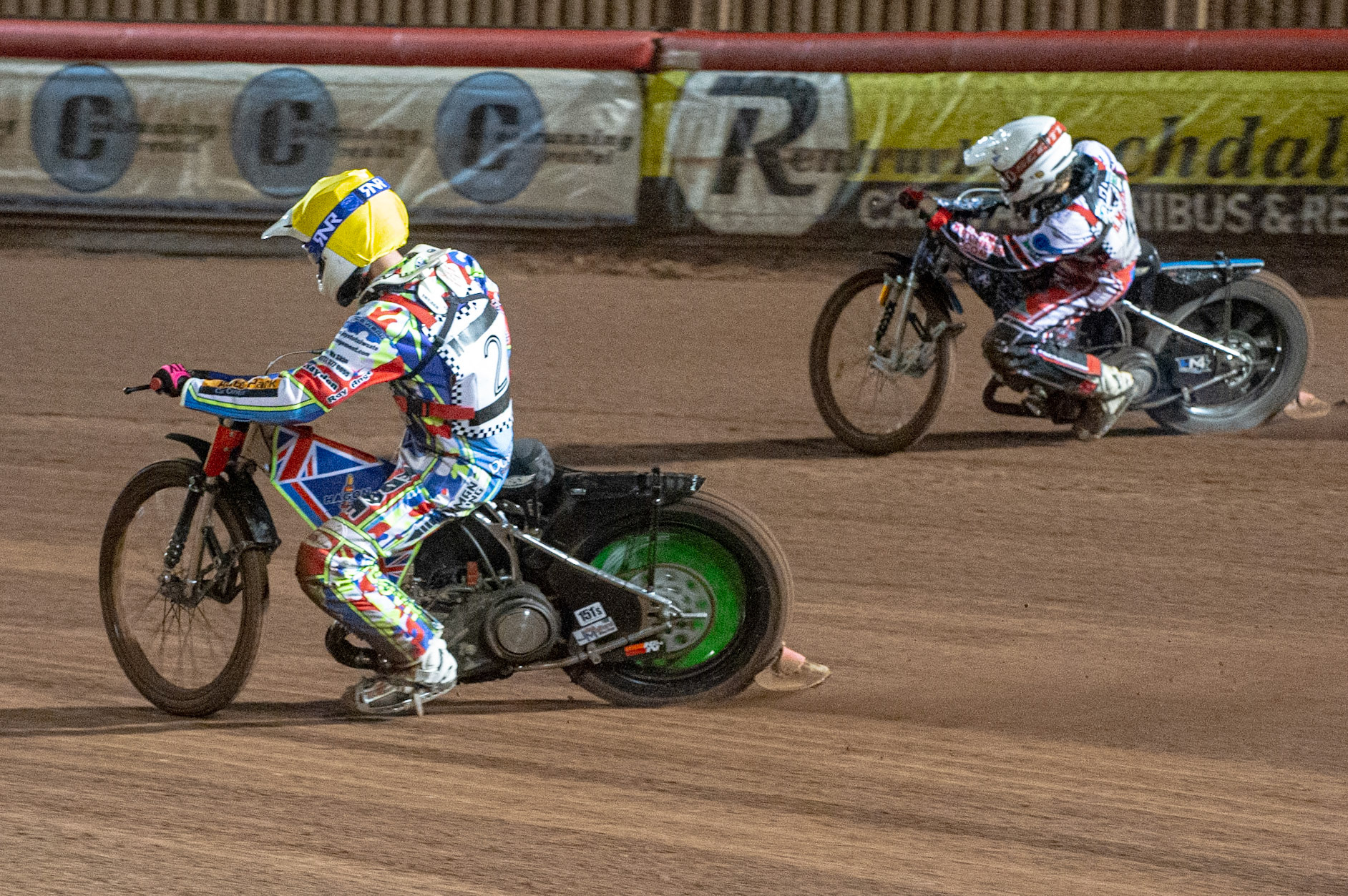 Photo: Ian CharlesJake Mulford (White) tries to pass Harry McGurk (White) in the 500cc A Class FinalBritish Youth Speedway Championship (Round 5), National Speedway Stadium, Manchester Saturday  10  October  2020