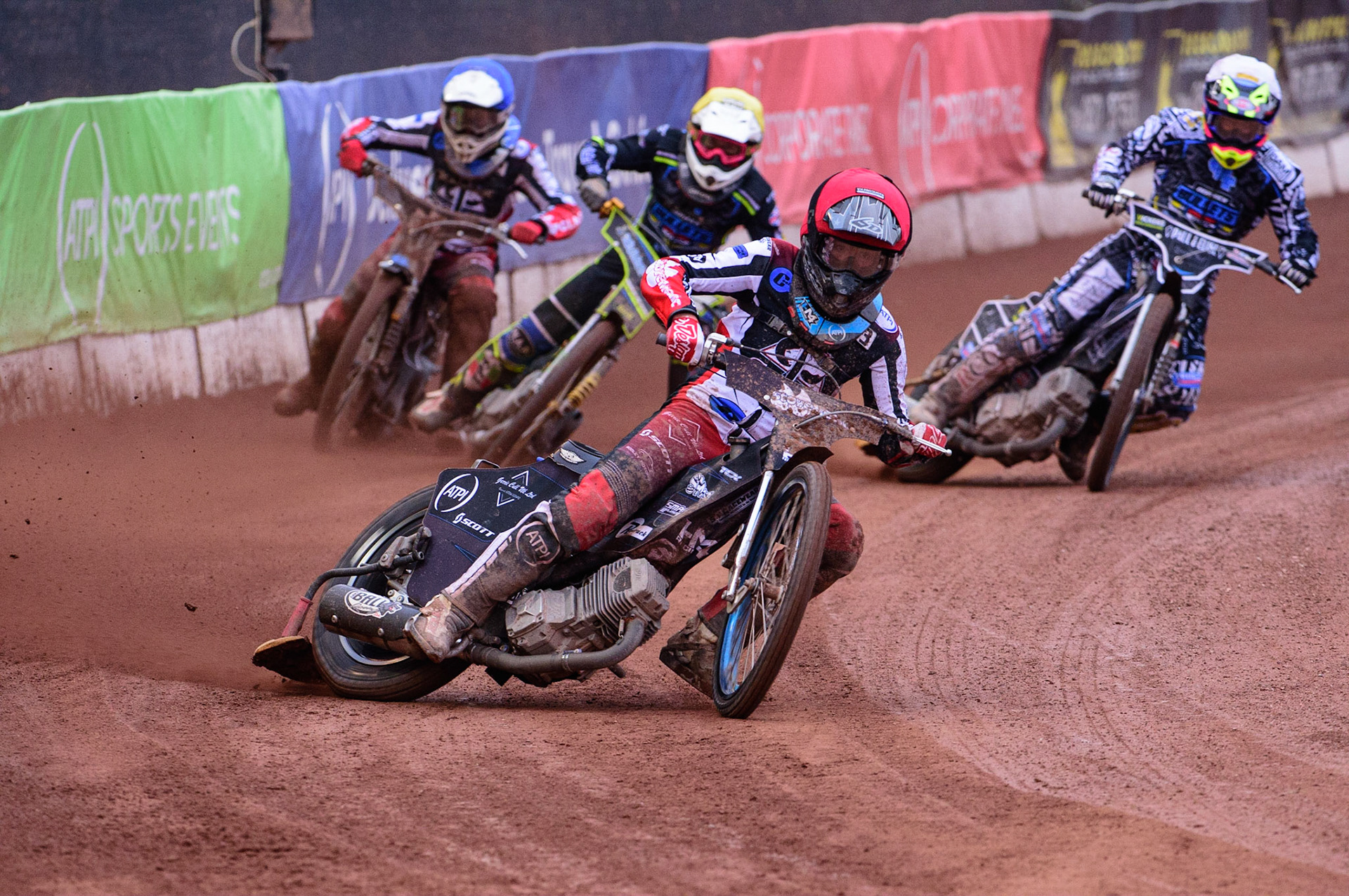 MANCHESTER, UK. JUN 24TH  Harry McGurk  (Red) leads Luke Crang   (White) Kieran Douglas  (Yellow) and Nathan Ablitt  (Blue)during the National Development League match between Belle Vue Colts and Berwick Bullets at the National Speedway Stadium, Manchester on Friday 24th June 2022. (Credit: Ian Charles | MI News)