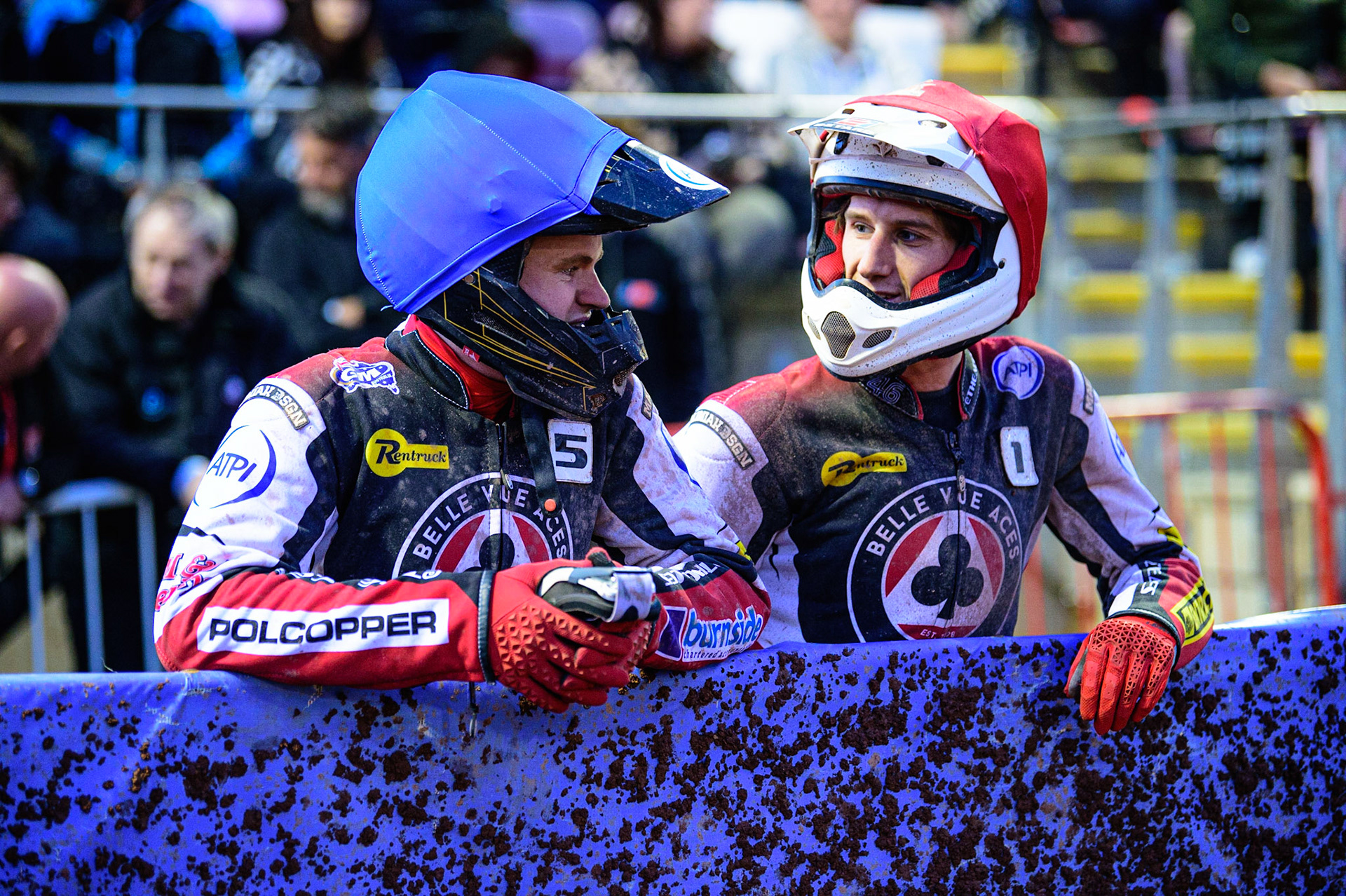 MANCHESTER, UK. MAY 16TH Brady Kurtz  (left) and Max Fricke  discuss tactics for their next heat during the SGB Premiership match between Belle Vue Aces and King's Lynn Stars at the National Speedway Stadium, Manchester on Monday 16th May 2022. (Credit: Ian Charles | MI News)