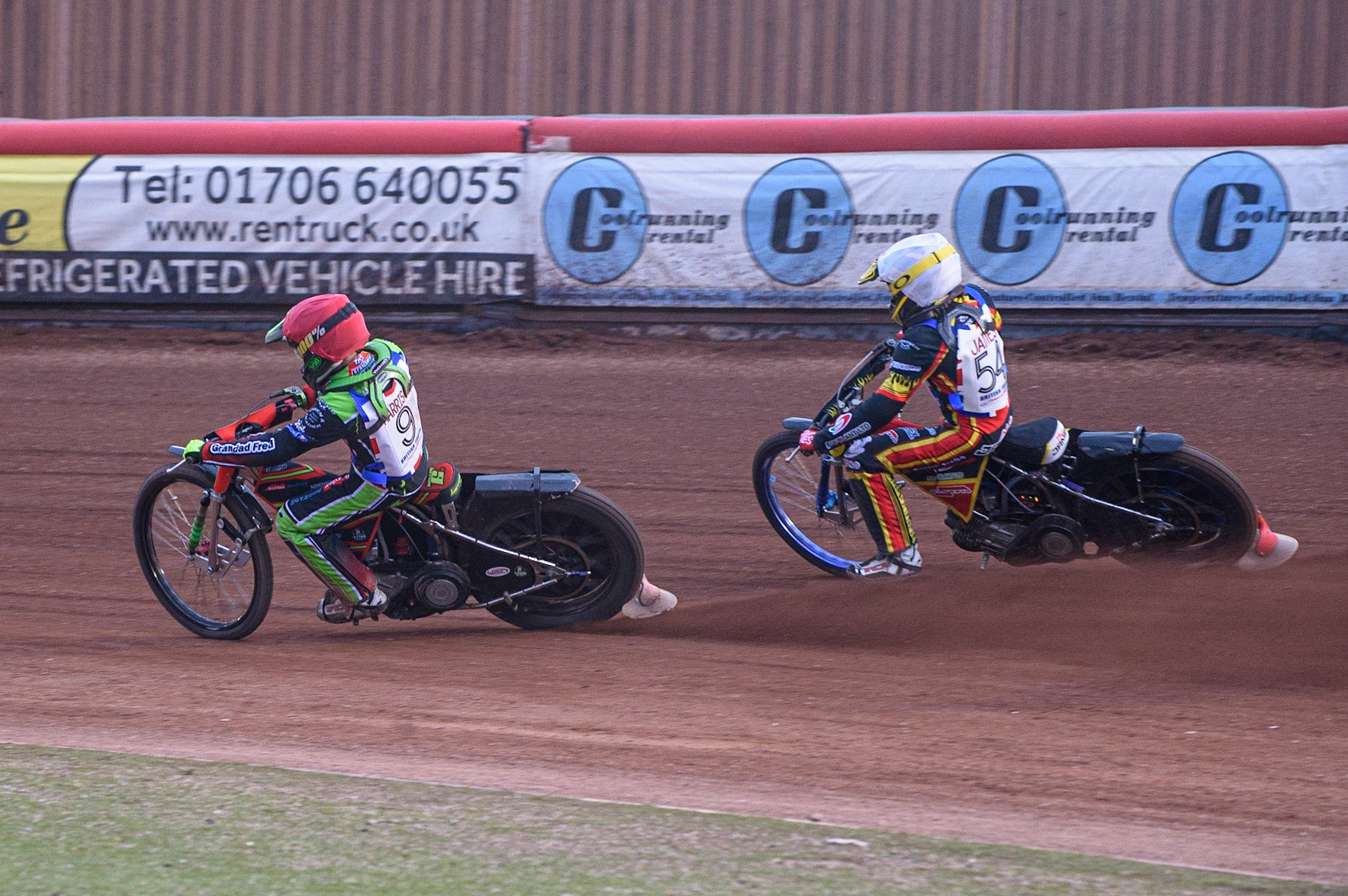 MANCHESTER, UK. MAY 28TH   Luke Harrison  (Red) leads Max James  in the first running of the 250cc final during the British Junior Championship at the National Speedway Stadium, Manchester on Friday 28th May 2021. (Credit: Ian Charles | MI News)