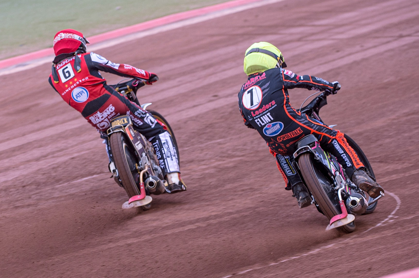 MANCHESTER, UK. JUN 13TH Norick Blödorn  (Red) inside Leon Flint  (Yellow) during the SGB Premiership match between Belle Vue Aces and Wolverhampton  Wolves at the National Speedway Stadium, Manchester on Monday 13th June 2022. (Credit: Ian Charles | MI News)