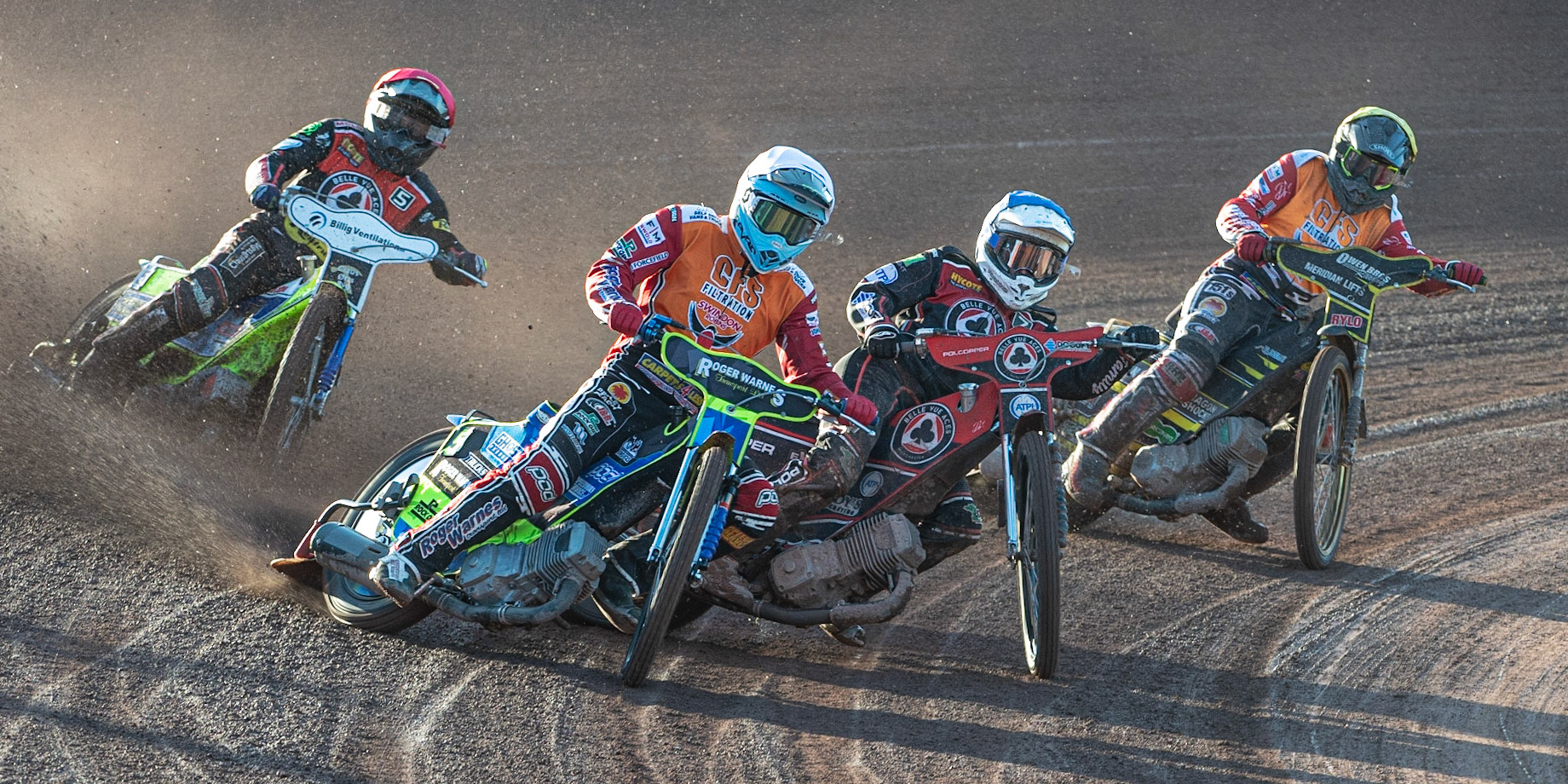 Photo: Ian Charles

Troy Batchelor (White) leads Jaimon Lidsey  (Blue) Kenneth Bjerre  (Red) and James Shanes  (Yellow)

Belle Vue Aces v Swindon Robins, British Speedway Premiership, Belle Vue National Speedway Stadium, Manchester, Monday 20  May  2019