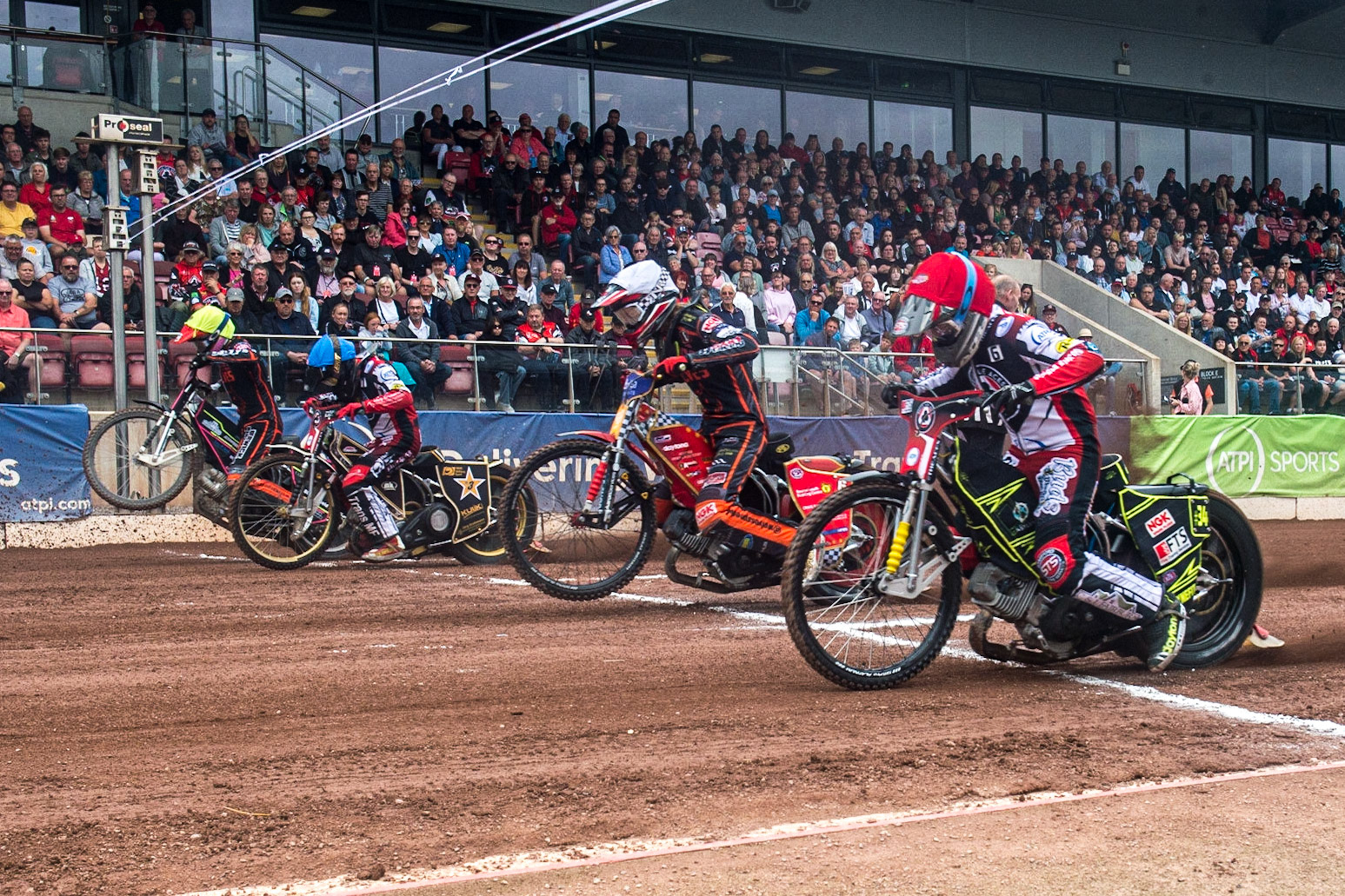 Heat 2 start: (l - r) Leon Flint  (Yellow), Norick Blödorn  (Blue), Drew Kemp  (White) Jye Etheridge  (Red) during the SGB Premiership match between Belle Vue Aces and Wolverhampton Wolves at the National Speedway Stadium, Manchester on Monday 29th August 2022. (Credit: Ian Charles | MI News)
