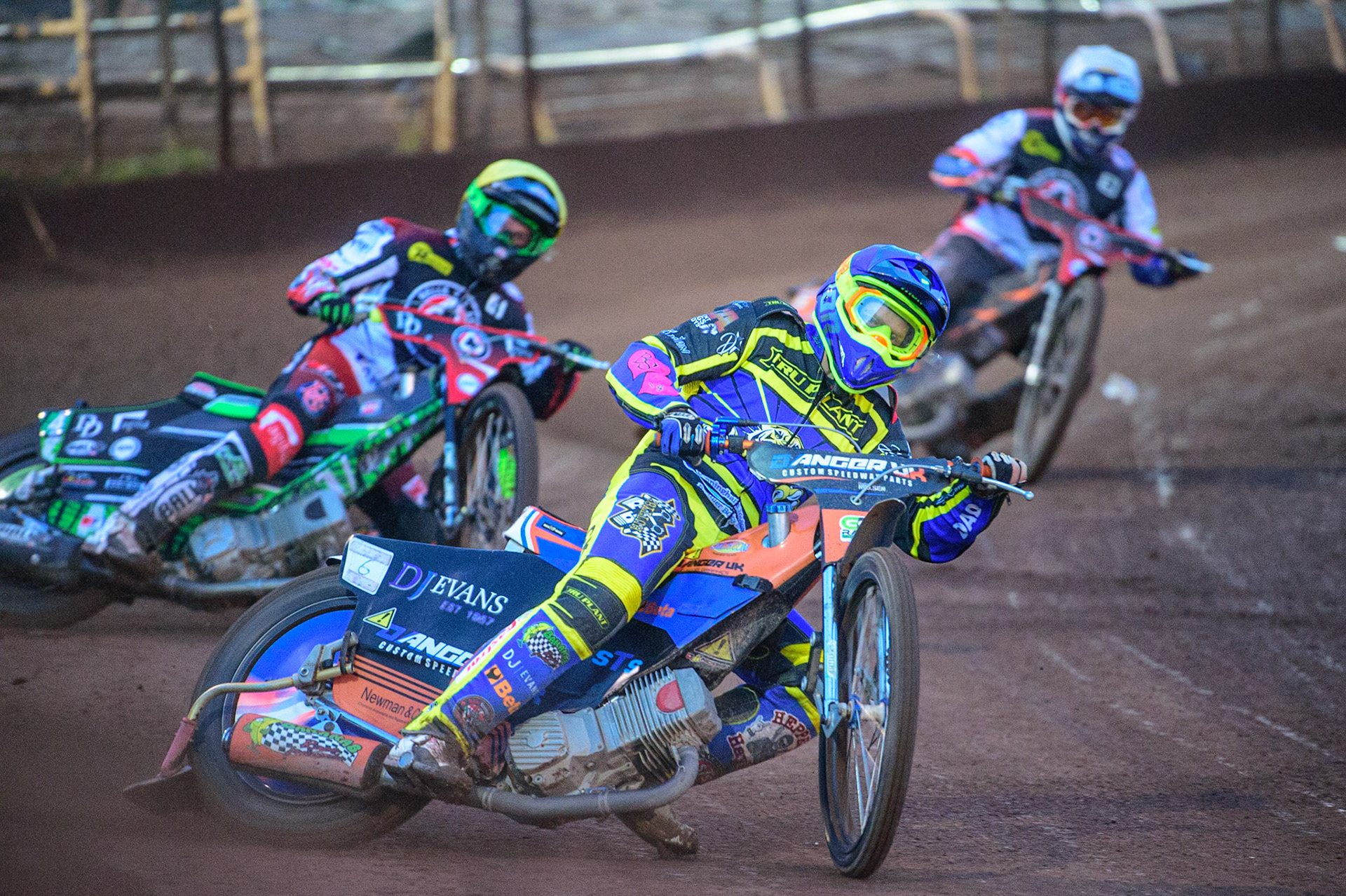 SHEFFIELD, UK. APR 14TH  Stefan Nielsen   (Blue) leads Charles Wright  (Yellow) and Jake Allen   (White) during the SGB Premiership League Cup match between Sheffield Tigers and Belle Vue Aces at Owlerton Stadium, Sheffield on Thursday 14th April 2022. (Credit: Ian Charles | MI News)
