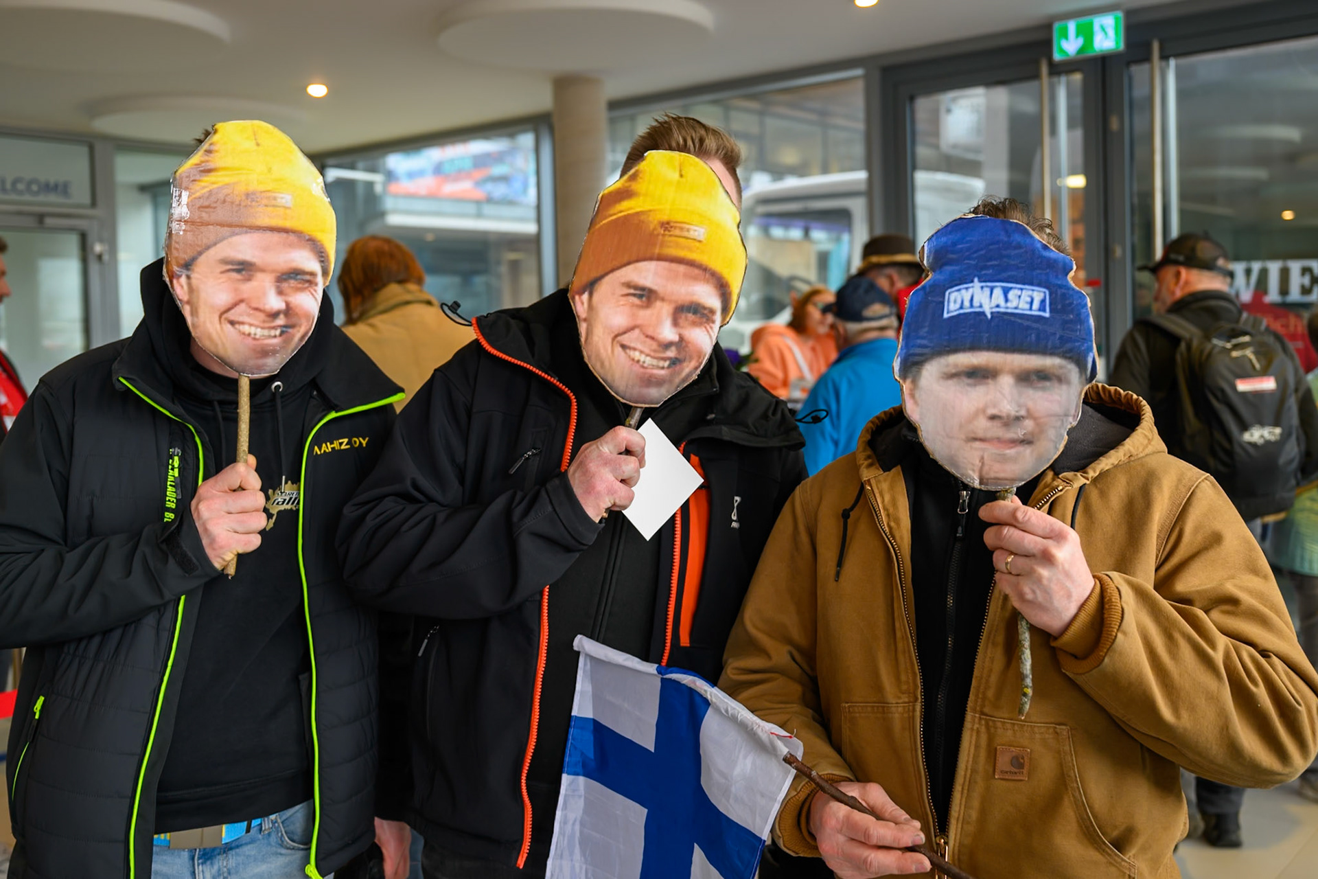 Finnish fans with their cut out faces of their favourite riders during the Ice Speedway Gladiators World Championship Final 1 at Max-Aicher-Arena, Inzell on Saturday 14th March 2026. (Photo: Ian Charles | MI News)