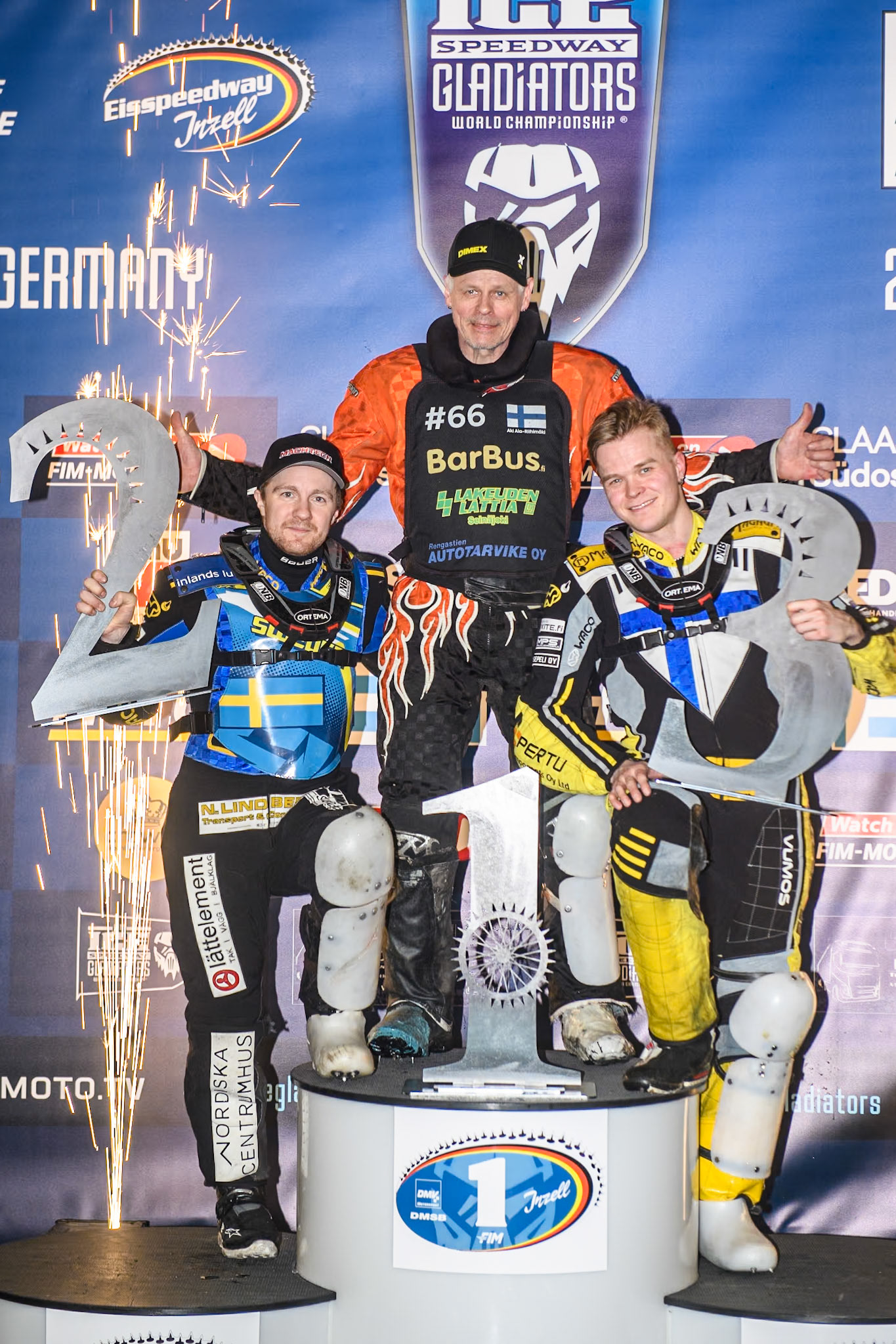Sunday’s Top 3: (L to R) Sweden's Martin Haarahiltunen (2nd), Finland's Aki Ala-Riihimäki (1st), Finland's Heikki Huusko (3rd) during the FIM Ice Speedway Gladiators World Championship Final 2 at the Max-Aicher-Arena, Inzell on Sunday 24 March 2024. (Photo: Ian Charles | MI News)