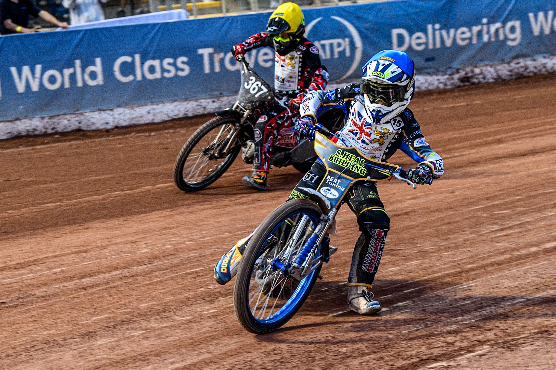 Oliver Bovingdon (125cc) in Blue leading Charlie Luckman (125cc) inn the 125cc Final during the British Youth 250cc Championships at the National Speedway Stadium, Manchester on Friday 30th August 2024. (Photo: Ian Charles | MI News)