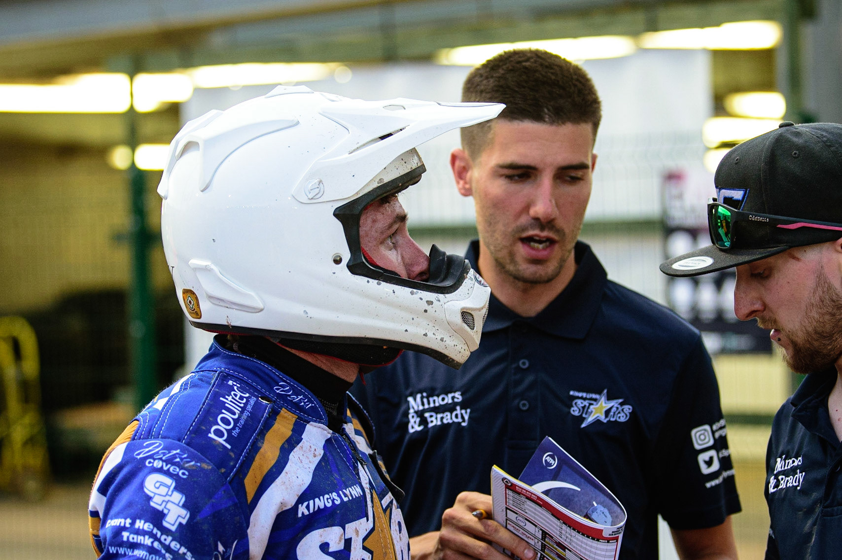 MANCHESTER UK  Josh Pickering  (left) with Team Manager Alex Brady  during the SGB Premiership match between Belle Vue Aces and King's Lynn Stars at the National Speedway Stadium, Manchester on Monday 11th July 2022. (Credit: Ian Charles | MI News)