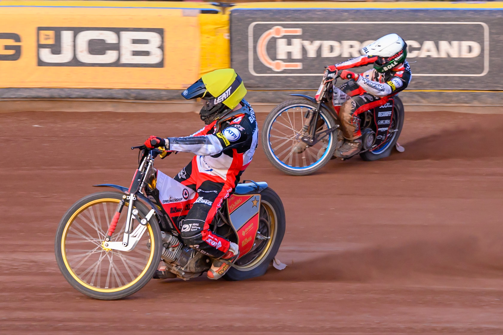 Norick Blodorn of Belle Vue Aces  in Yellow rides inside Brady Kurtz of Belle Vue Aces in White during the Rowe Motor Oil Premiership match between Leicester Lions and Belle Vue Aces at the Hydroscan Arena, Leicester on Thursday 23rd July 2026. (Photo: Ian Charles | MI News)