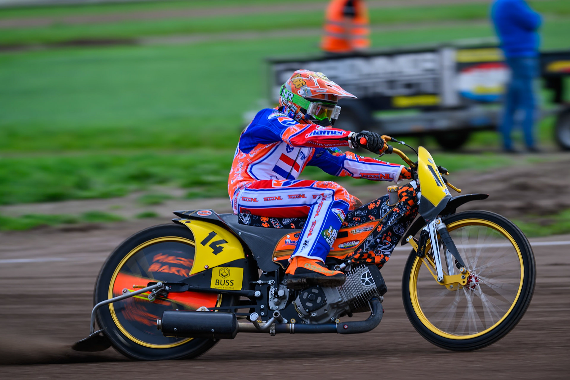 Romano Hummel (14) of Netherlands during practice for  the FIM Long Track of Nations 2026 at the Speed Centre Roden in the Netherlands on Sunday 20th September 2026. (Photo: Ian Charles | MI News)