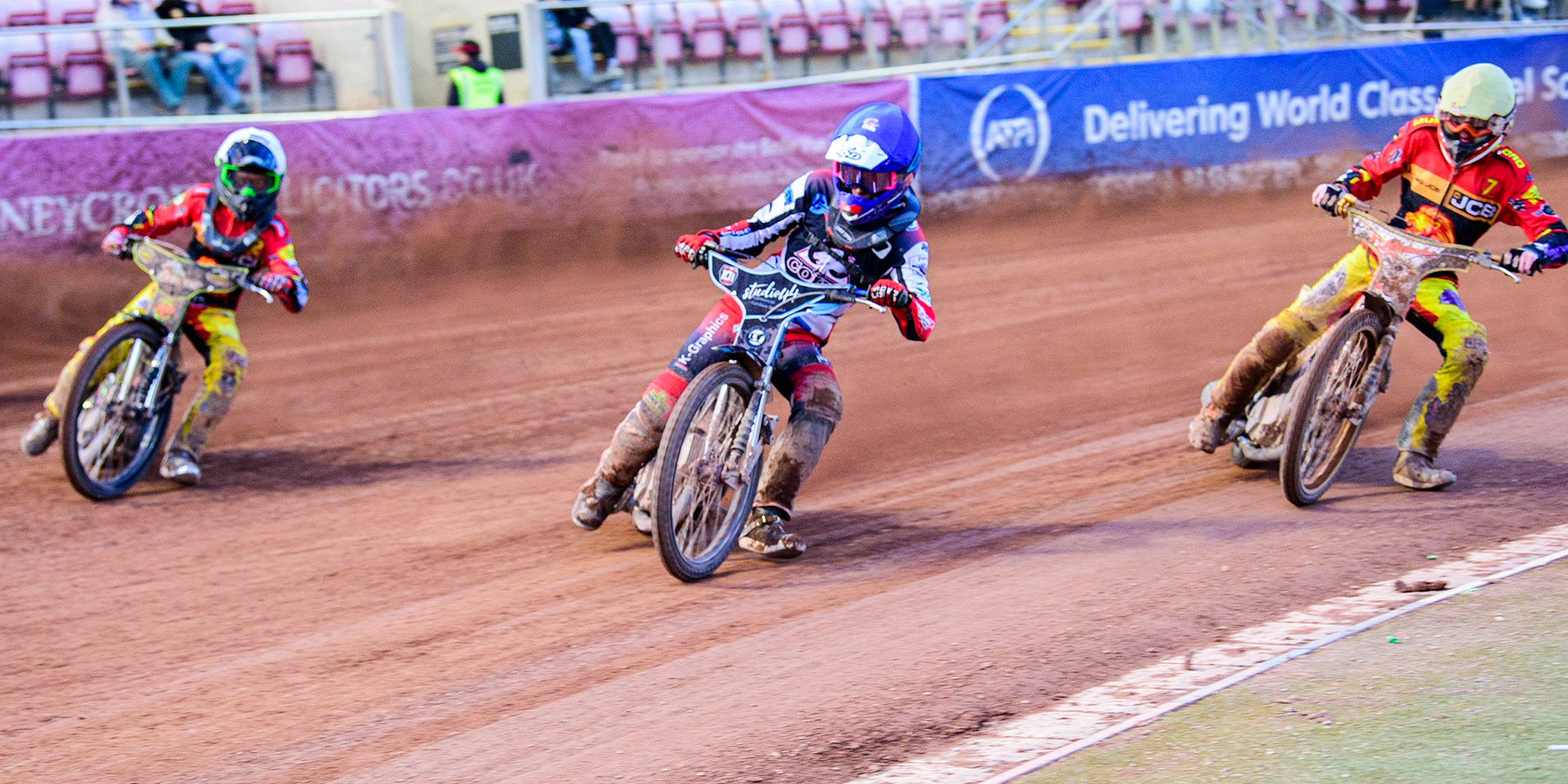 Freddie Hodder  (Blue) leads Max Perry (White) and Mickie Simpson  (Yellow) during the National Development League match between Belle Vue Aces and Leicester Lions at the National Speedway Stadium, Manchester on Friday 19th August 2022. (Credit: Ian Charles | MI News)