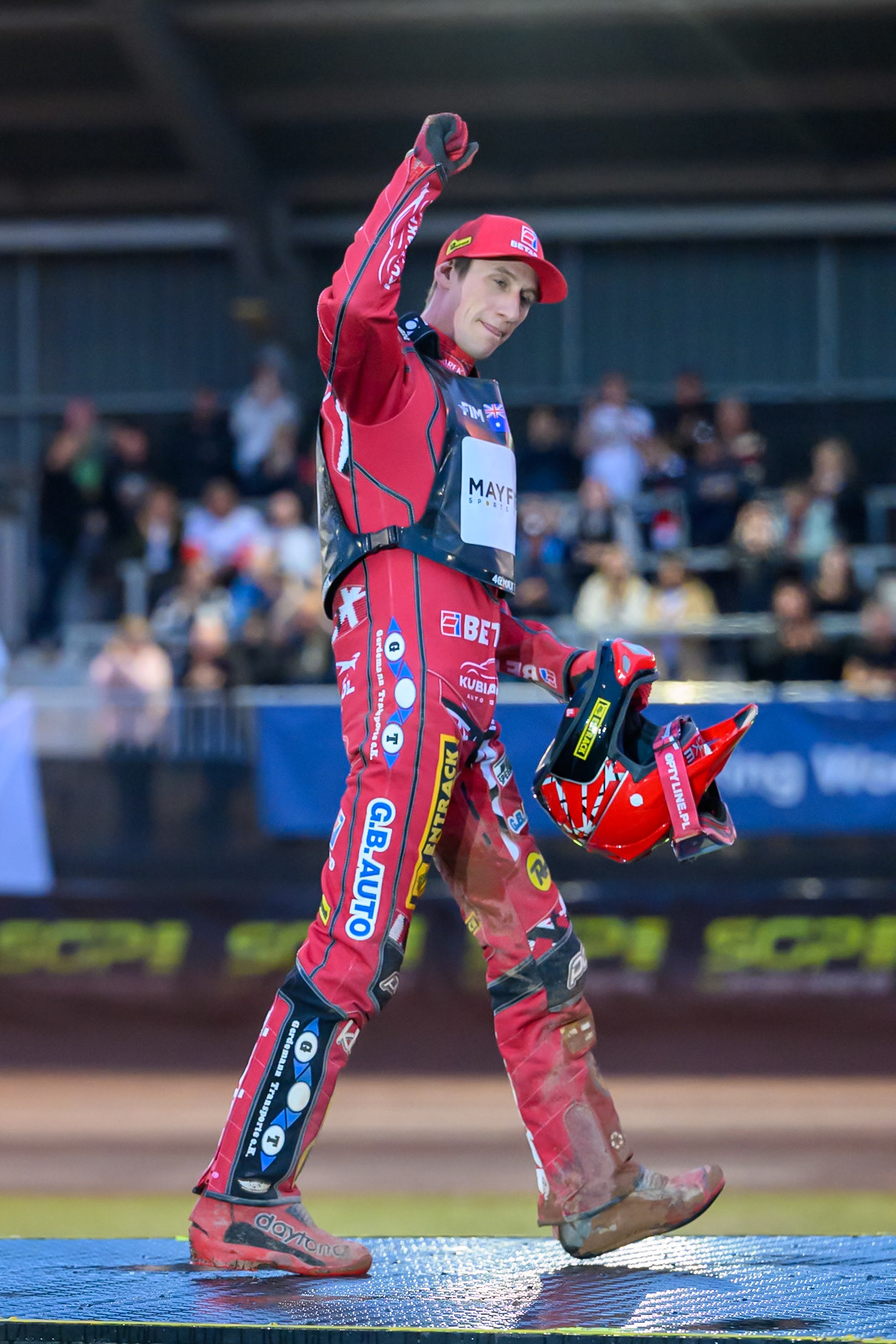 Winner Max Fricke (46) of Australia makes his way to the Podium during the ATPI  FIM Speedway GP of Manchester at the National Speedway Stadium, Manchester on Friday 5th June 2026. (Photo: Ian Charles | MI News)