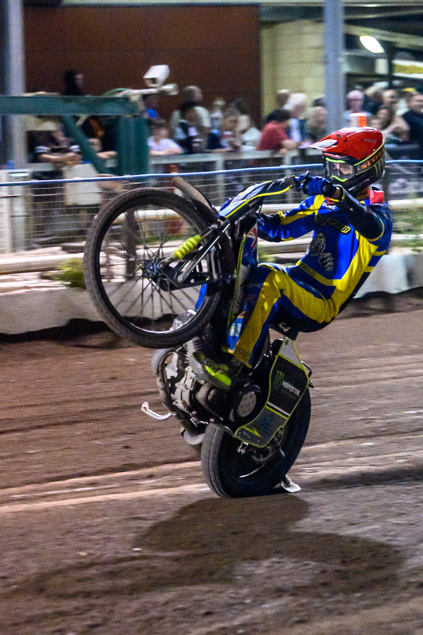 Chris Holder of Sheffield Tigers  celebrates with a wheelie during the Rowe Motor Oil Premiership match between Sheffield Tigers and Belle Vue Aces at Owlerton Stadium, Sheffield on Monday 11th August 2025. (Photo: Ian Charles | MI News)