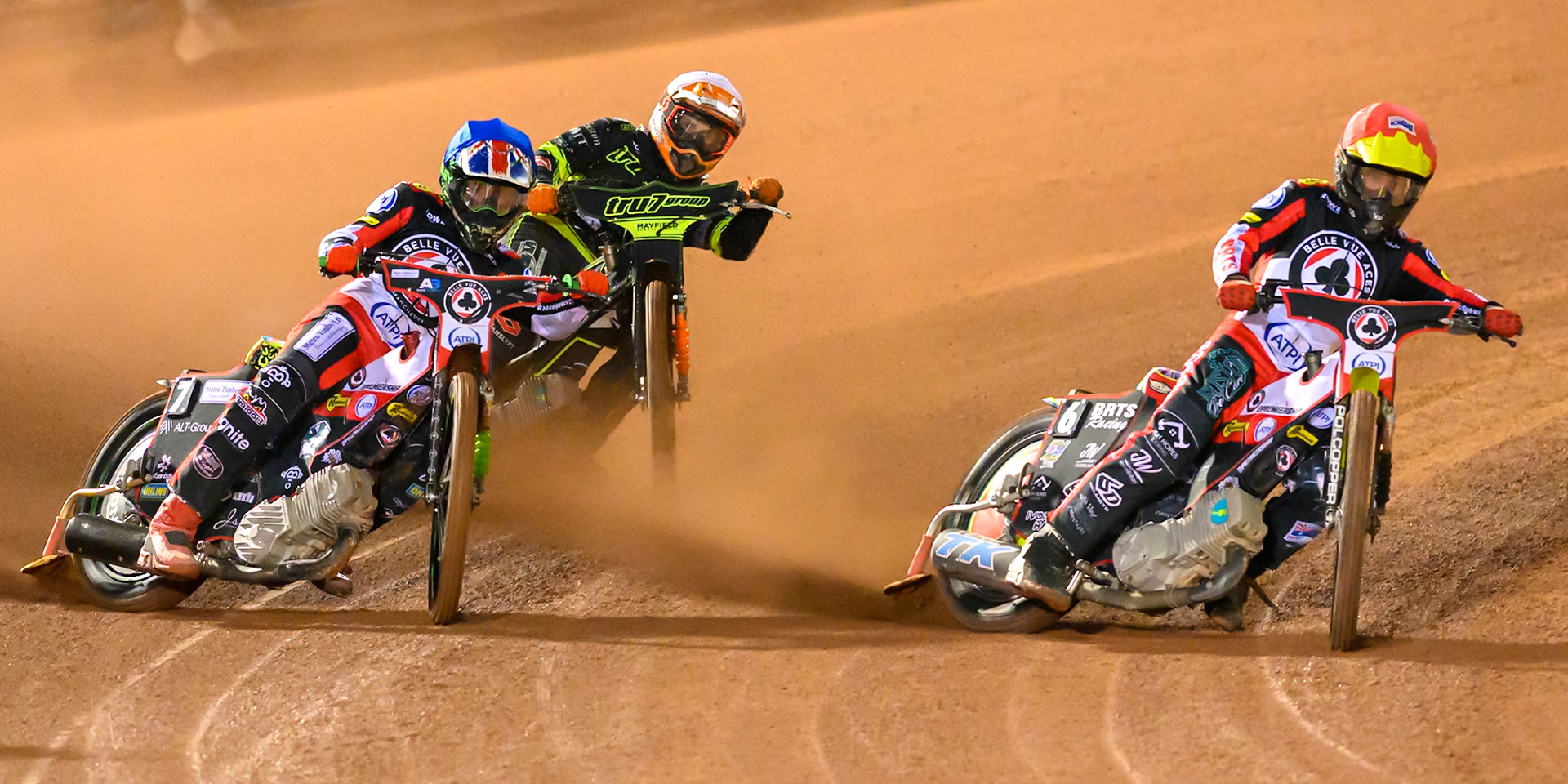 Tate Zischke of Belle Vue Aces  in Red and Will Cairns of Belle Vue Aces in Blue  leading  Kevin Juul Pedersen of Ipswich Witches in White during the Rowe Motor Oil Premiership Play Off Semi Final 2nd leg match between Belle Vue Aces and Ipswich Witches at the National Speedway Stadium, Manchester on Monday 28th September 2026. (Photo: Ian Charles | MI News)