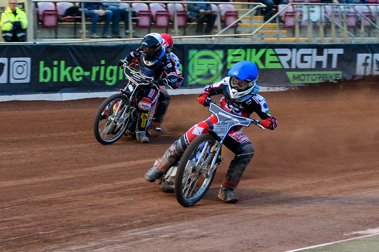 MANCHESTER, UK. MAY 28TH  Sam McGurk  (Blue) leads Ryan MacDonald  (White) and Ben Woodhull  (Red) during the SGB National Development League match between Belle Vue Colts and Berwick Bullets at the National Speedway Stadium, Manchester on Friday 28th May 2021. (Credit: Ian Charles | MI News)