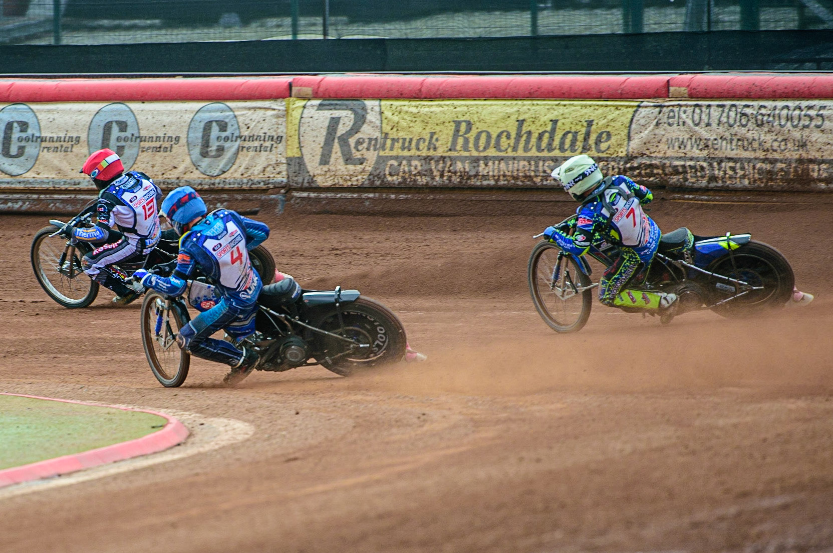 Danny King  (Red) leads Paul Starke  (Yellow) and Steve Worrall  (Blue) during the Sports Insure British Speedway Final, at the National Speedway Stadium, Manchester, on Sunday 18th September 2022. (Credit: Ian Charles | MI News )
