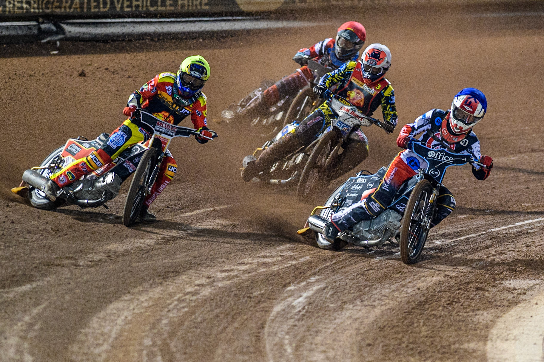Freddy Hodder (Blue) leads  Tom Spencer (Yellow), Danny Phillips (White) and Sam McGurk (Red) during the National Development League match between Belle Vue Colts and Leicester Lion Cubs at the National Speedway Stadium, Manchester on Friday 8th September 2023. (Photo: Ian Charles | MI News)