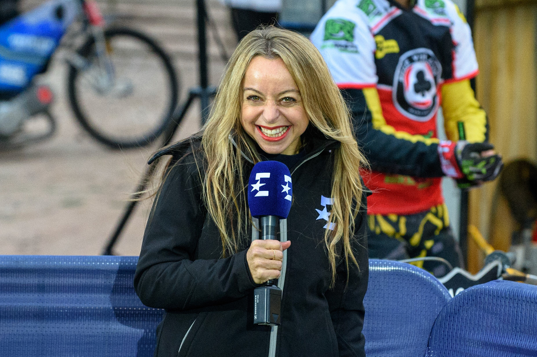 WOLVERHAMPTON, UK. AUGUST 30TH. Abi Atevens, the Eurosport presenter during the SGB Premiership match between Wolverhampton Wolves and Belle Vue Aces at Monmore Green Stadium, Wolverhampton on Monday 30th August 2021. (Credit: Ian Charles | MI News)