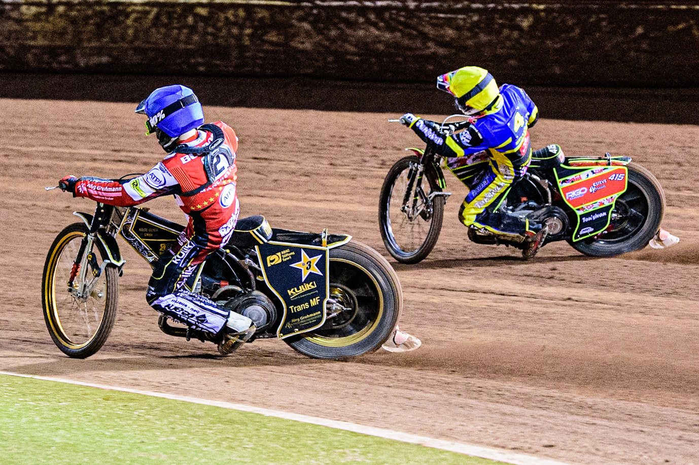 Norick Blodorn  (Blue) inside David Bellego  (Yellow) during the SGB Premiership match between Belle Vue Aces and Sheffield Tigers at the National Speedway Stadium, Manchester on Monday 27th March 2023. (Photo: Ian Charles | MI News)