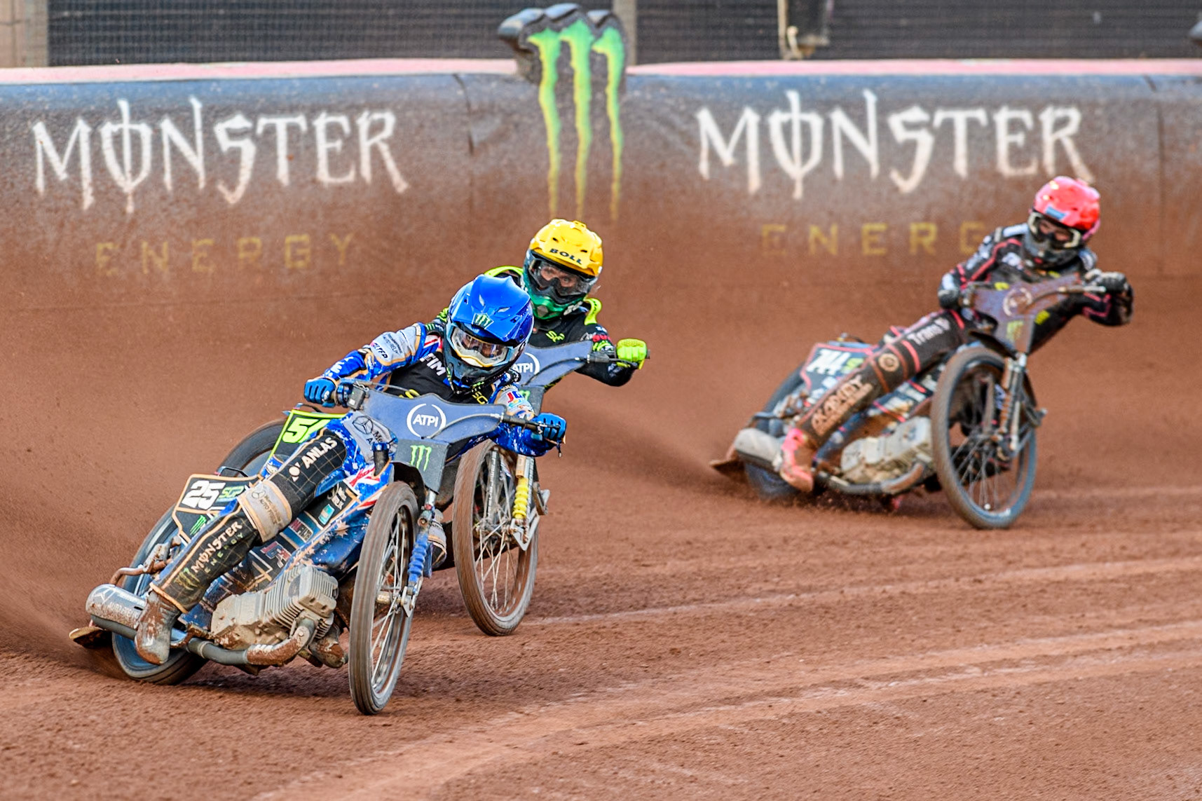 Jack Holder (25) of Australia in Blue leading Martin Vaculik (54) of Slovakia in Yellow and Kai Huckenbeck (744) of Germany in Red during the ATPI FIM Speedway Grand Prix Round 5 at the National Speedway Stadium, Manchester, on Saturday 14th June 2025. (Photo: Ian Charles | MI News)