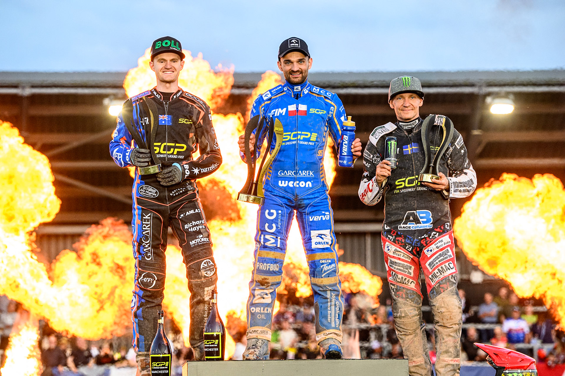 Top3: (L to R) Brady Kurtz (2nd), Bartosz Zmarzlik (First), Fredrik Lindgren (3rd) during the ATPI FIM Speedway Grand Prix Round 5 at the National Speedway Stadium, Manchester, on Saturday 14th June 2025. (Photo: Ian Charles | MI News)