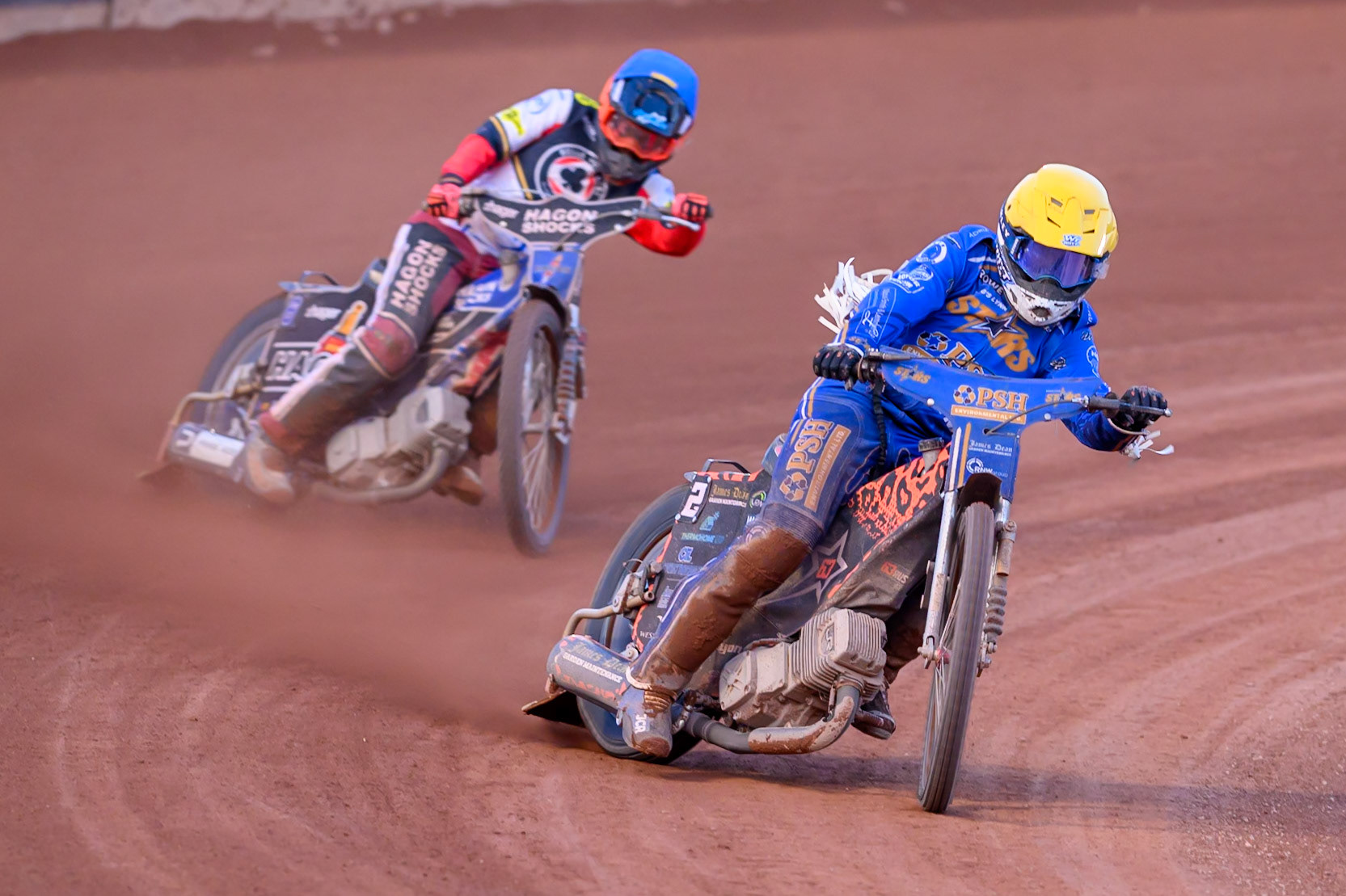 Cooper Rushen of Kings Lynn Stars in Yellow leading Jason Edwards, Guest rider for Belle Vue Aces in Blue during the Rowe Motor Oil Premiership match between Belle Vue Aces and King's Lynn Stars at the National Speedway Stadium, Manchester on Monday 10th August 2026. (Photo: Ian Charles | MI News)