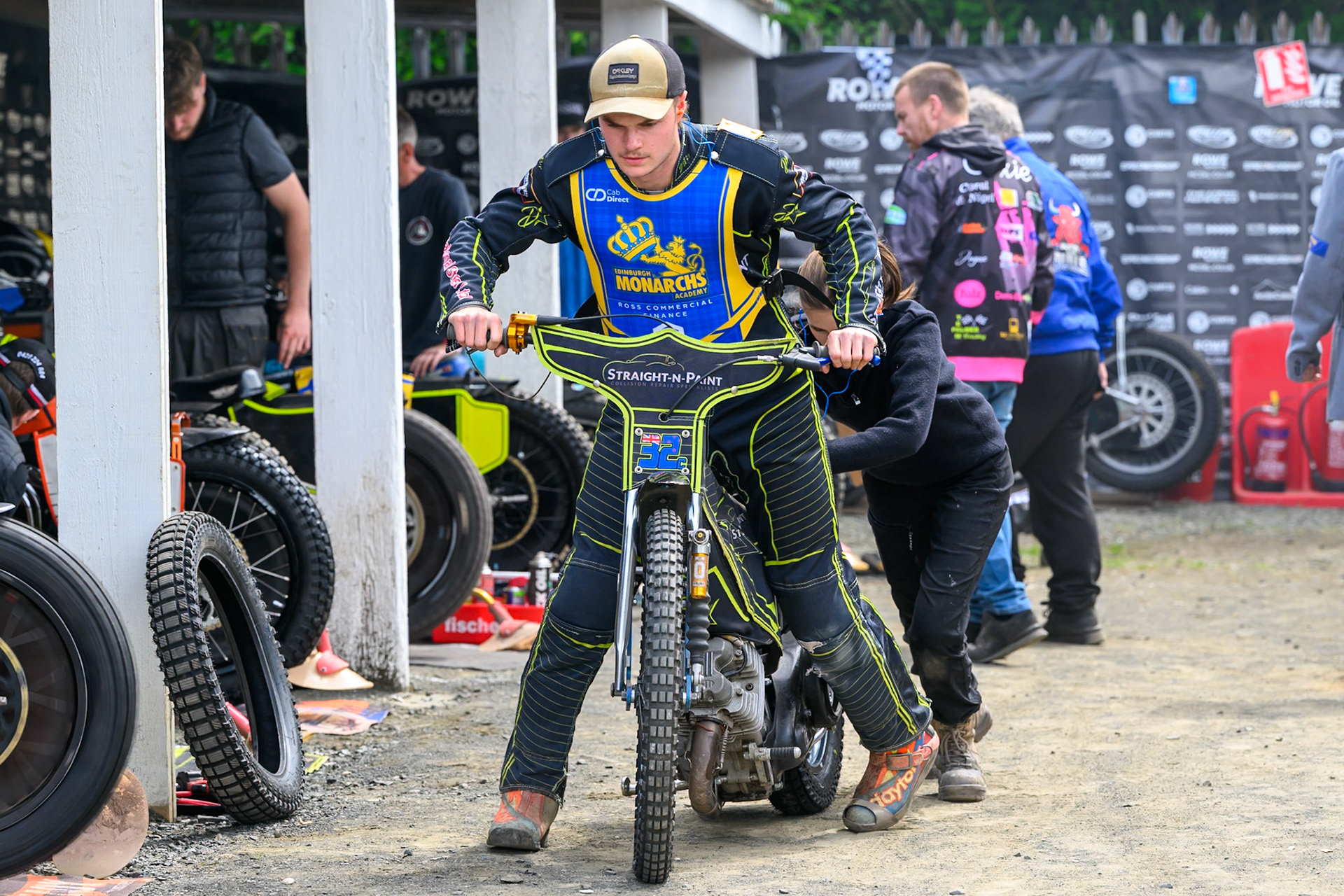 Ben Whalley of Edinburgh Monarchs Academy gets a push start during the WSRA National Development League match between Buxton Bulls and Edinburgh Monarchs Academy at Hi-Edge Speedway, Buxton on Sunday 14th June 2026. (Photo: Ian Charles | MI News)