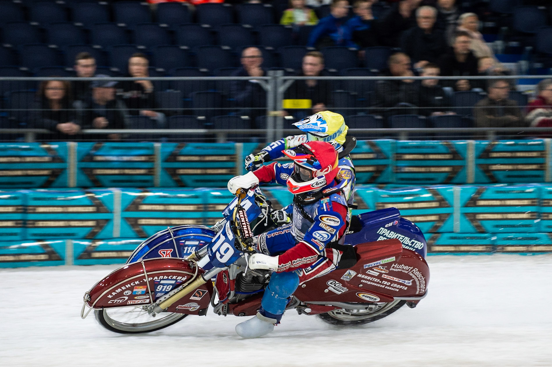 Photo: Ian Charles

Dmitri Khomitsevich (919) inside Dinar Valeev (114)

FIM Ice Speedway Gladiators World Championship, Event 5.2, Ice Rink Thialf, Heerenveen, Netherlands Sunday  31  March  2019