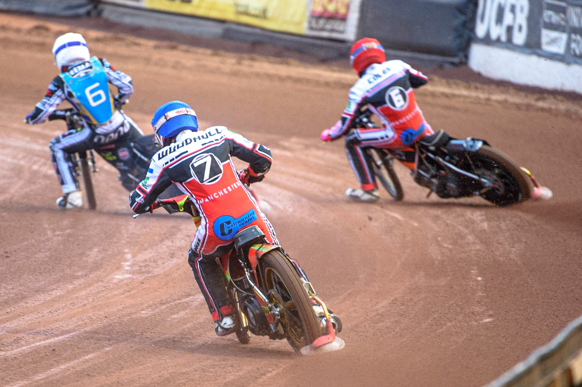 MANCHESTER, UK. AUGUST 20TH Ben Woodhull  (Blue) chases Archie Freeman  (White) and Connor Coles  (Red) during the National Development League match between Belle Vue Aces and Armadale Devils at the National Speedway Stadium, Manchester on Friday 20th August 2021. (Credit: Ian Charles | MI News)