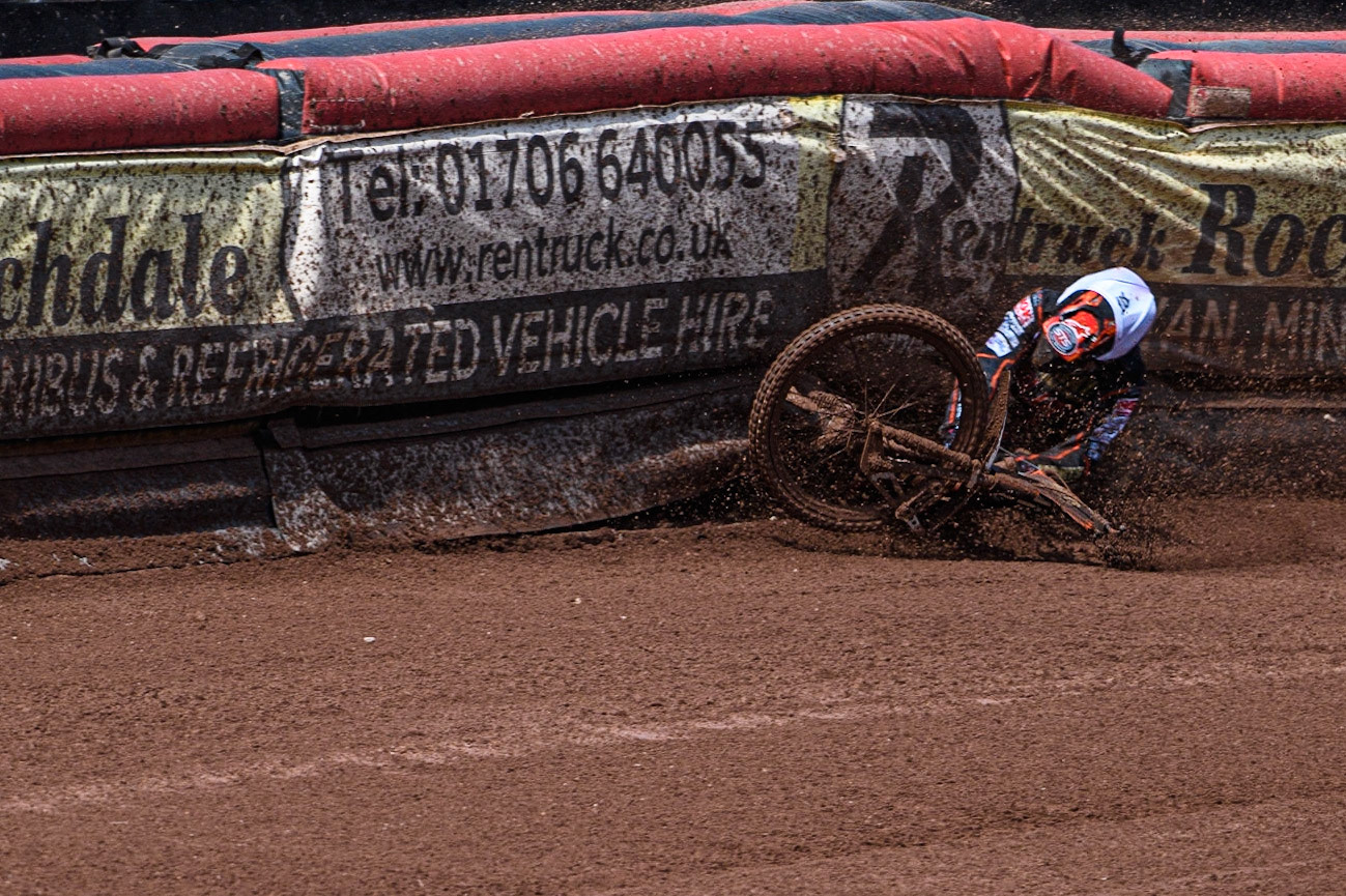 Zach Cook slides off during the Sports Insure Premiership match between Belle Vue Aces and Wolverhampton Wolves at the National Speedway Stadium, Manchester on Monday 29th May 2023. (Photo: Ian Charles | MI News)