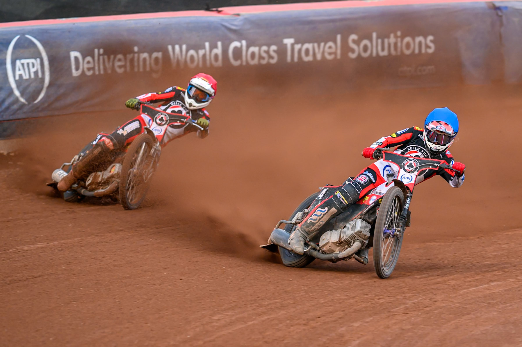 Zach Cook of Belle Vue Aces in Blue leading Peter Kildemand of Belle Vue Aces during the Rowe Motor Oil Premiership match between Belle Vue Aces and Leicester Lions at the National Speedway Stadium, Manchester on Monday 3rd August 2026. (Photo: Ian Charles | MI News)