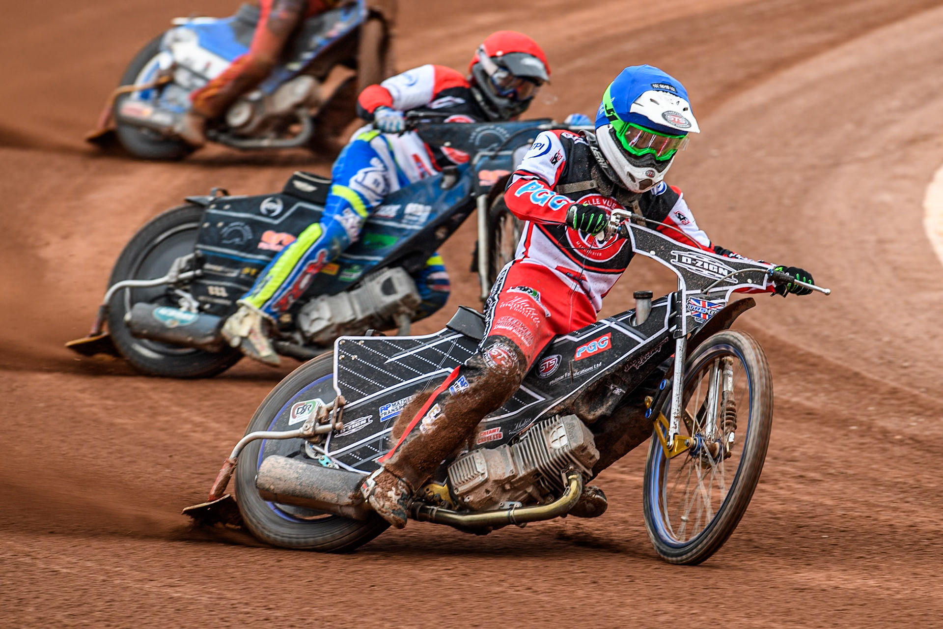 Belle Vue Colts' Jack Shimelt  in Blue leading team mate Jack Kingston  in Red during the WSRA National Development League match between Belle Vue Colts and Leicester Lion Cubs at the National Speedway Stadium, Manchester on Friday 18th April 2025. (Photo: Ian Charles | MI News)