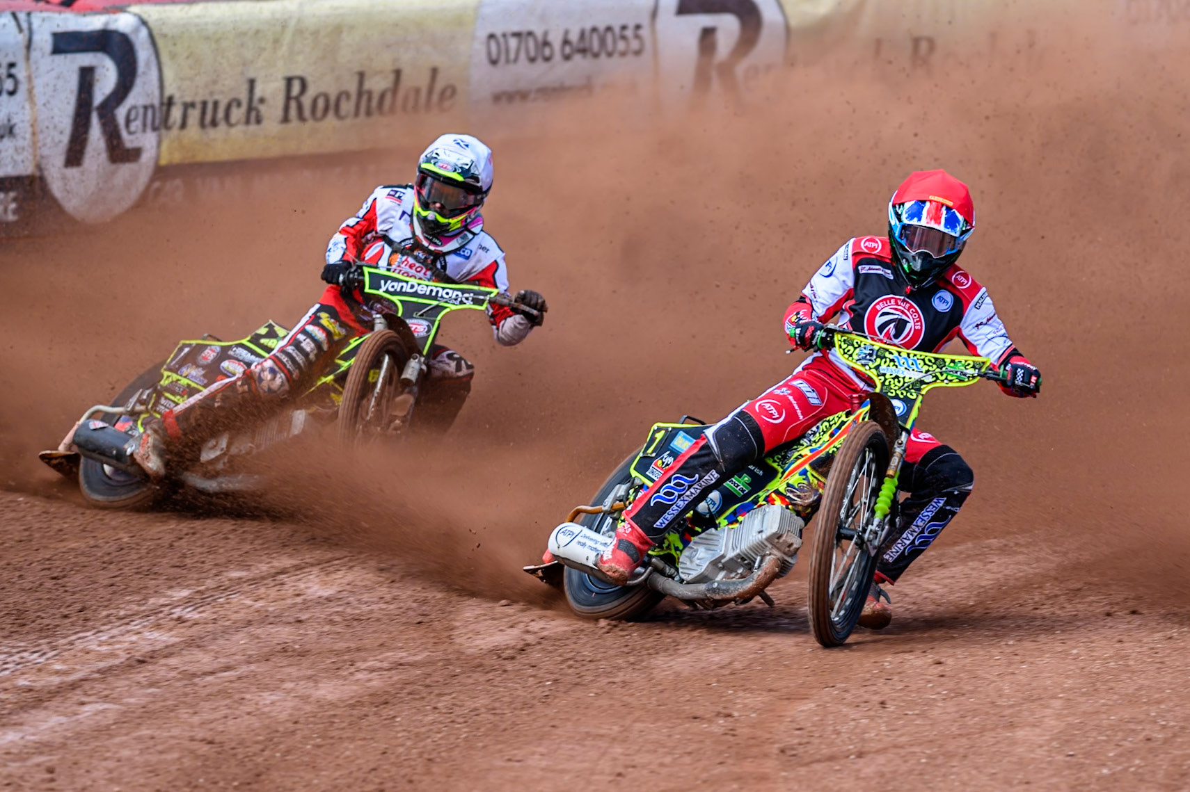 William Cairns of Belle Vue Colts  in Red rides inside Ace Pijper of Middlesborough Tigers  in White during the WSRA National Development League match between Belle Vue Colts and Middlesbrough Tigers at the National Speedway Stadium, Manchester on Sunday 10th August 2025. (Photo: Mark Fletcher | MI News)
