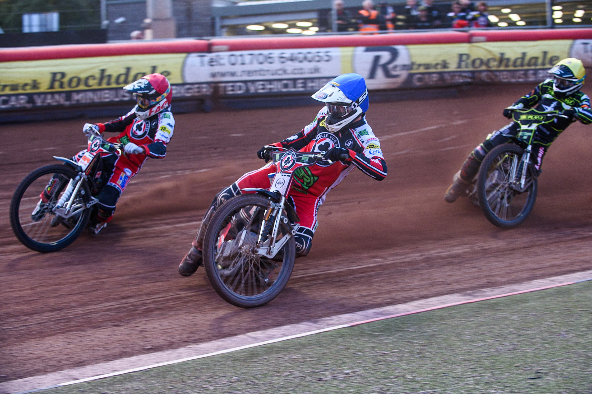 MANCHESTER UKRichie Worrall   (Blue) inside Dan Bewley  (Red) as they lead Danny King  (Yellow) during the SGB Premiership match between Belle Vue Aces and Ipswich Witches at the National Speedway Stadium, Manchester on Monday 2nd August 2021. (Credit: Ian Charles | MI News)