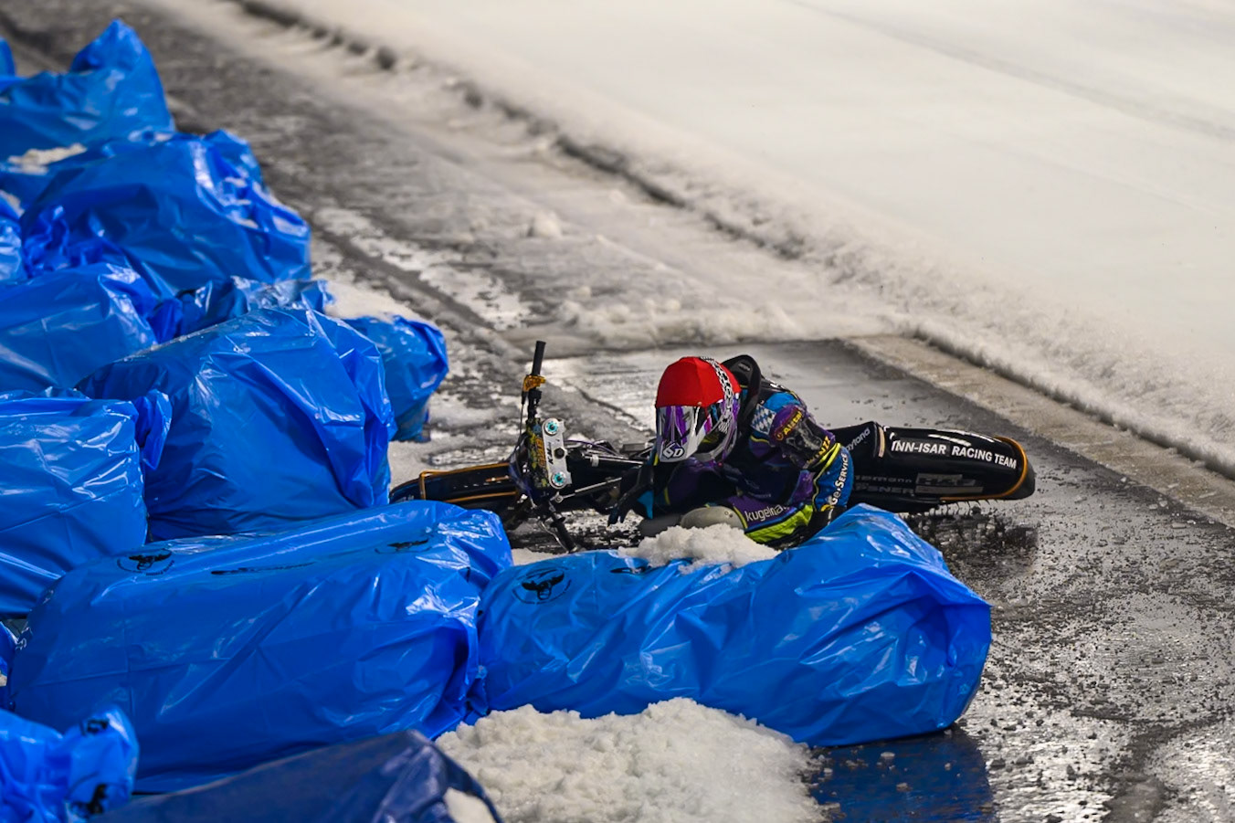 Wild Card Maximillian Niedermaier of Germany comes off the track during the Ice Speedway Gladiators World Championship Final 1 at Max-Aicher-Arena, Inzell on Saturday 14th March 2026. (Photo: Ian Charles | MI News)