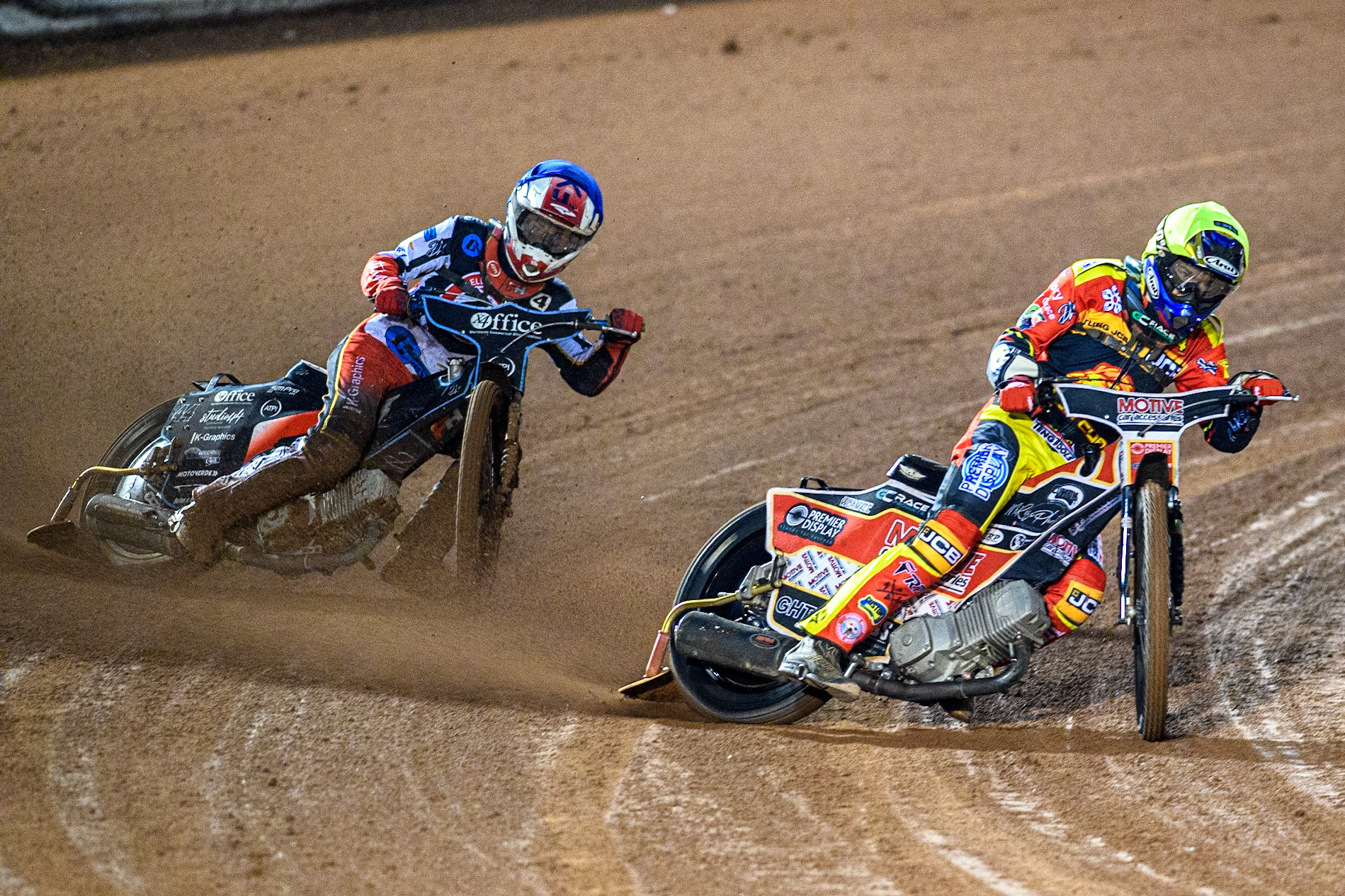 Tom Spencer (Yellow) leads  Freddy Hodder (Blue) during the National Development League match between Belle Vue Colts and Leicester Lion Cubs at the National Speedway Stadium, Manchester on Friday 8th September 2023. (Photo: Ian Charles | MI News)