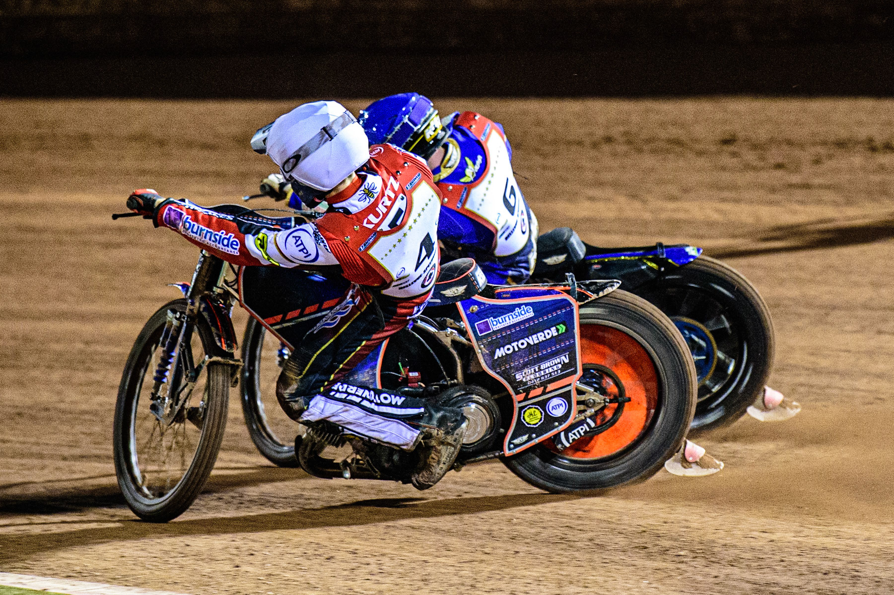 Brady Kurtz  (White) inside Kyle Howarth  (Blue) during the Peter Craven Memorial Trophy  at the National Speedway Stadium, Manchester on Monday 3rd April 2023. (Photo: Ian Charles | MI News)