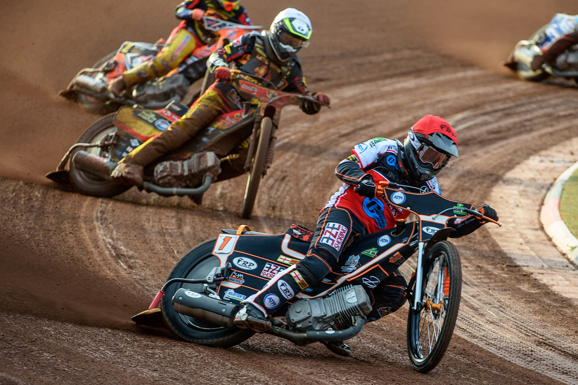 MANCHESTER, UK. JULY 29TH  Jack Smith  (Red) leads Dan Thompson  (White)  during the National Development League match between Belle Vue Colts and Leicester Lion Cubs at the National Speedway Stadium, Manchester on Thursday 29th July 2021. (Credit: Ian Charles | MI News)