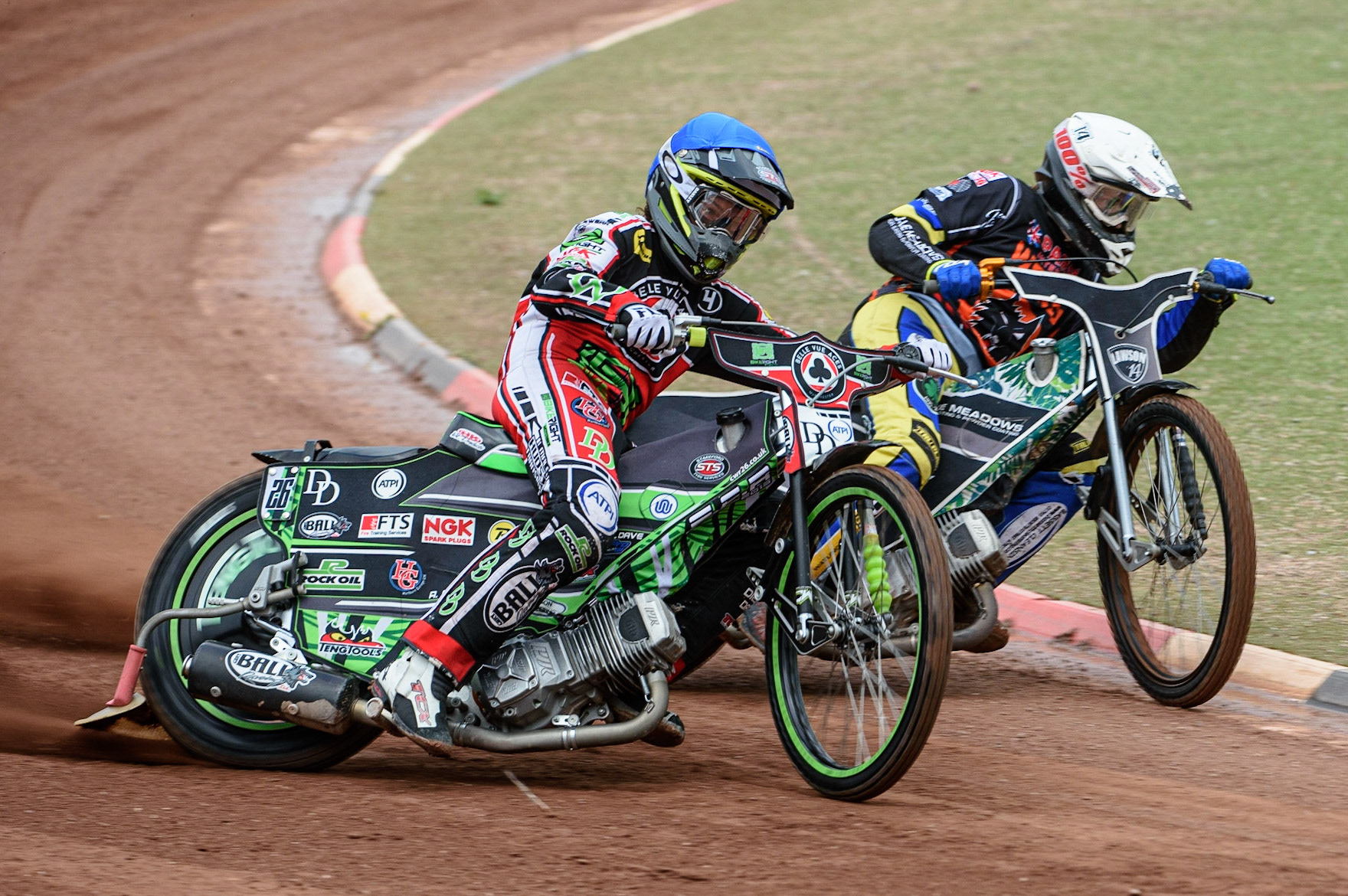 MANCHESTER, UK. AUGUST 30TH Charles Wright  (Blue) outside Richard Lawson  (White) during the SGB Premiership match between Belle Vue Aces and Wolverhampton Wolves at the National Speedway Stadium, Manchester on Monday 30th August 2021. (Credit: Ian Charles | MI News)