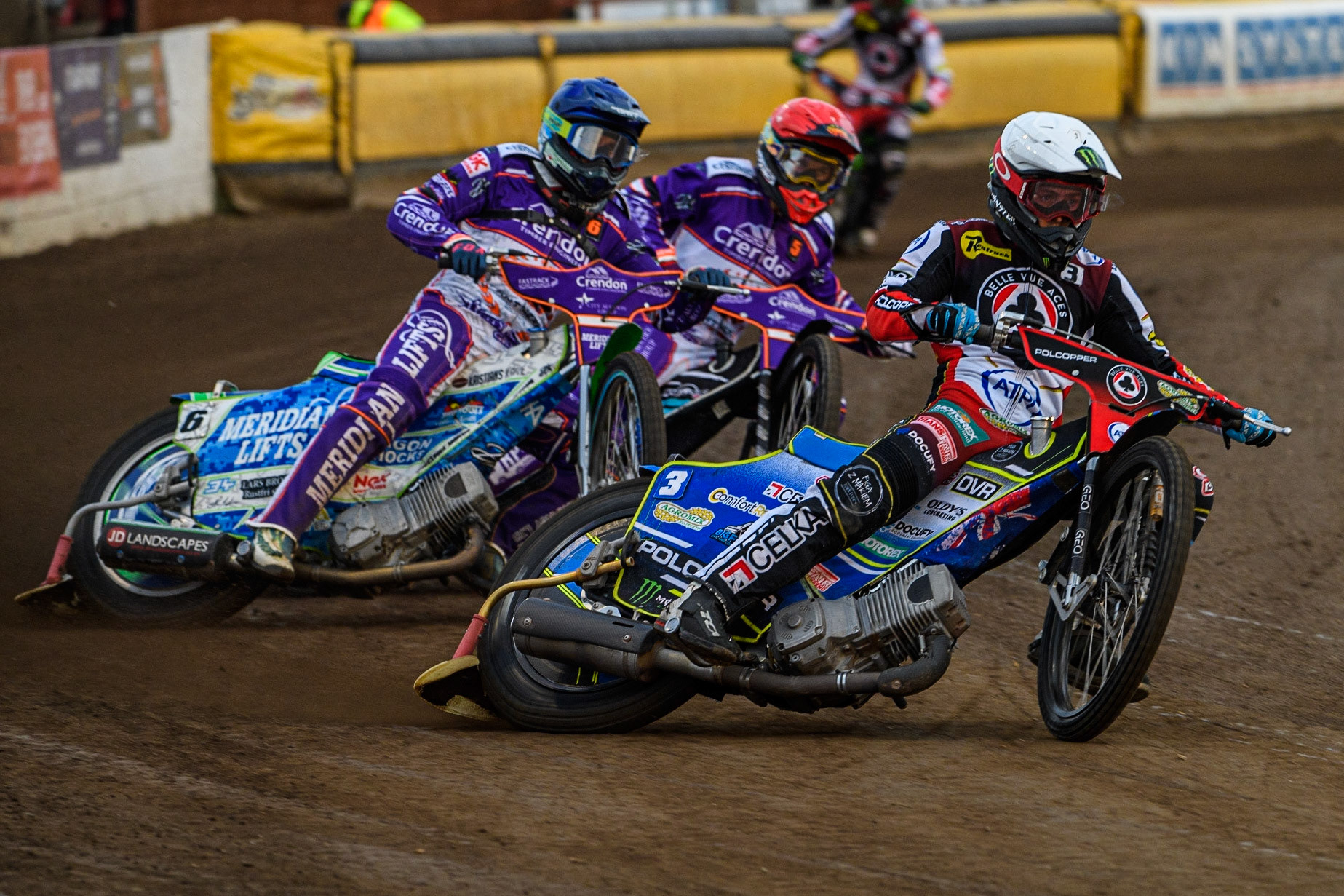 Jaimon Lidsey (White) leads Hans Andersen (Blue) and Benjamin Basso (Red) during the Sports Insure Premiership match between Peterborough and Belle Vue Aces at East of England Showground, Peterborough on Monday 26th June 2023. (Photo: Ian Charles | MI News)