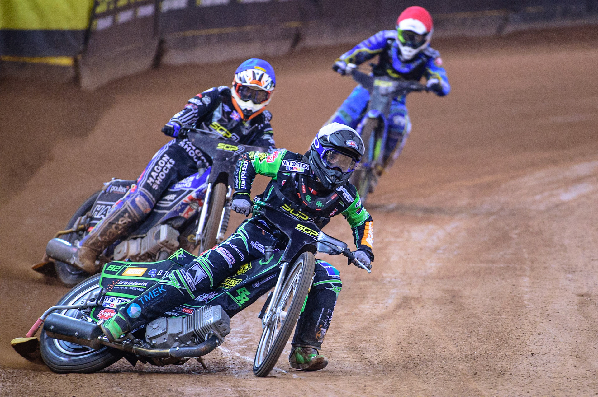 Benjamin Basso (Denmark)  leads Jason Edwards (Great Britain) with Petr Chlupac (Czech Republic) (Red) behind during the FIM  Speedway Grand Prix  2 of Great Britain at the Principality Stadium, Cardiff on Sunday 14th August 2022. (Credit: Ian Charles | MI News)