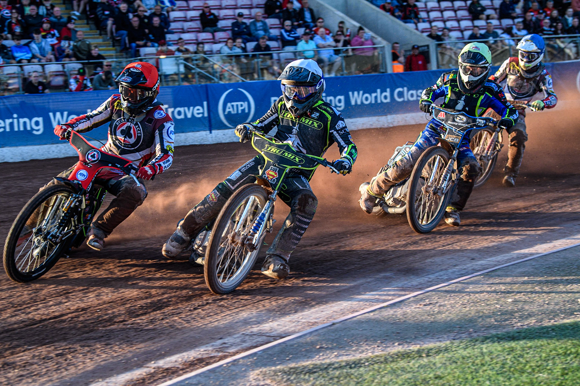 Ben Barker (White) inside Tom Brennan (Red) with Joe Thompson (Yellow) and Jake Mulford (Blue) behind during the Sports Insure Premiership match between Belle Vue Aces and Ipswich Witches at the National Speedway Stadium, Manchester on Monday 5th June 2023. (Photo: Ian Charles | MI News)