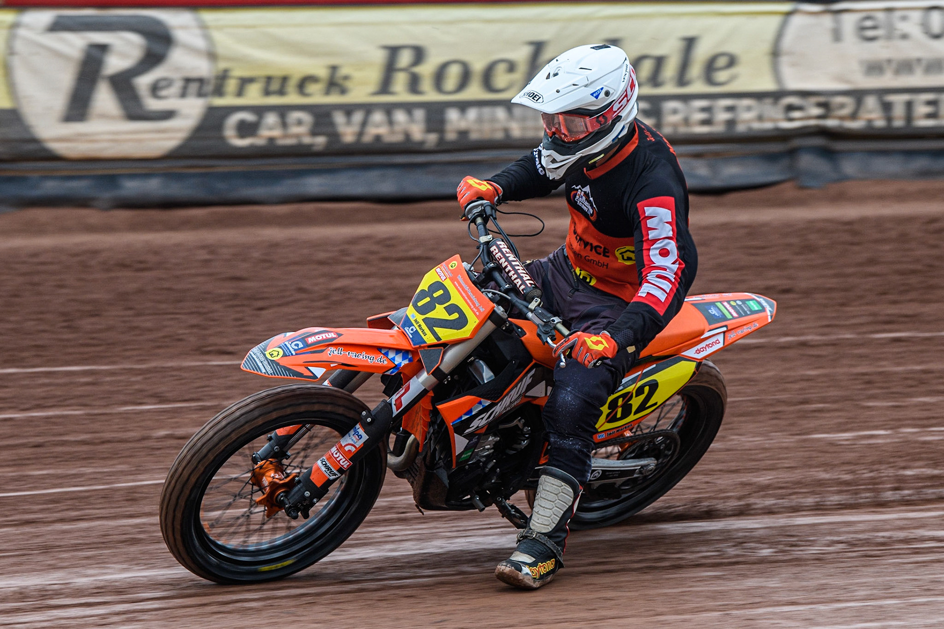Markus Jell (82) from Germany practices during the FIM World Flat Track Championship Round 1 at the National Speedway Stadium, Manchester on Saturday 5th August 2023. (Photo: Ian Charles | MI News)