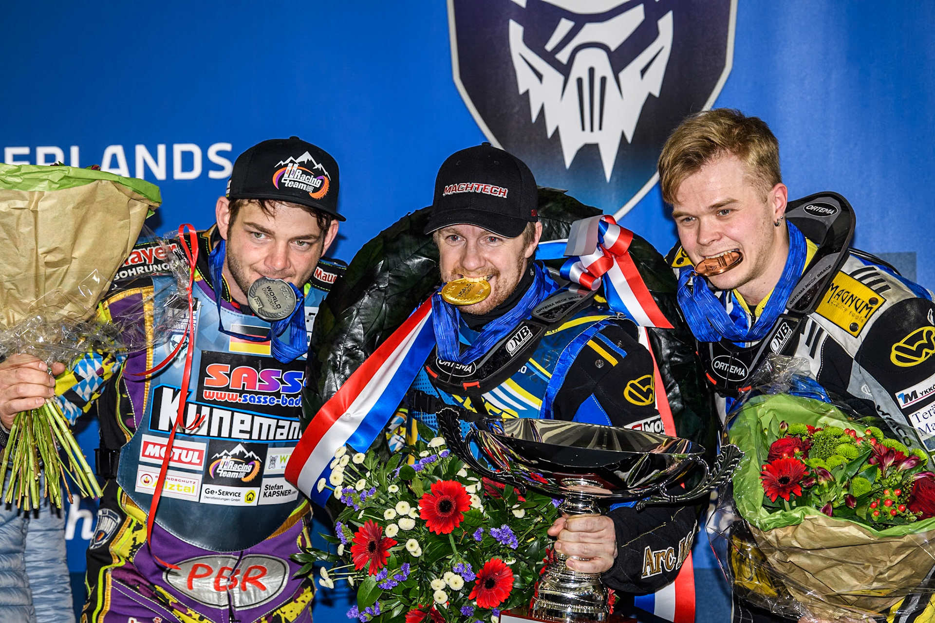 World Championship top 3: (L to R) Germany's Max Niedermaier (2nd - Silver Medal), Sweden's Martin Haarahiltunen (Winner - Gold Medal) and Finland's Heikki Huusko (3rd - Bronze Medal) during the FIM Ice Speedway Gladiators World Championship Final 4 at Ice Rink Thialf, Heerenveen on Sunday 7th April 2024. (Photo: Ian Charles | MI News)