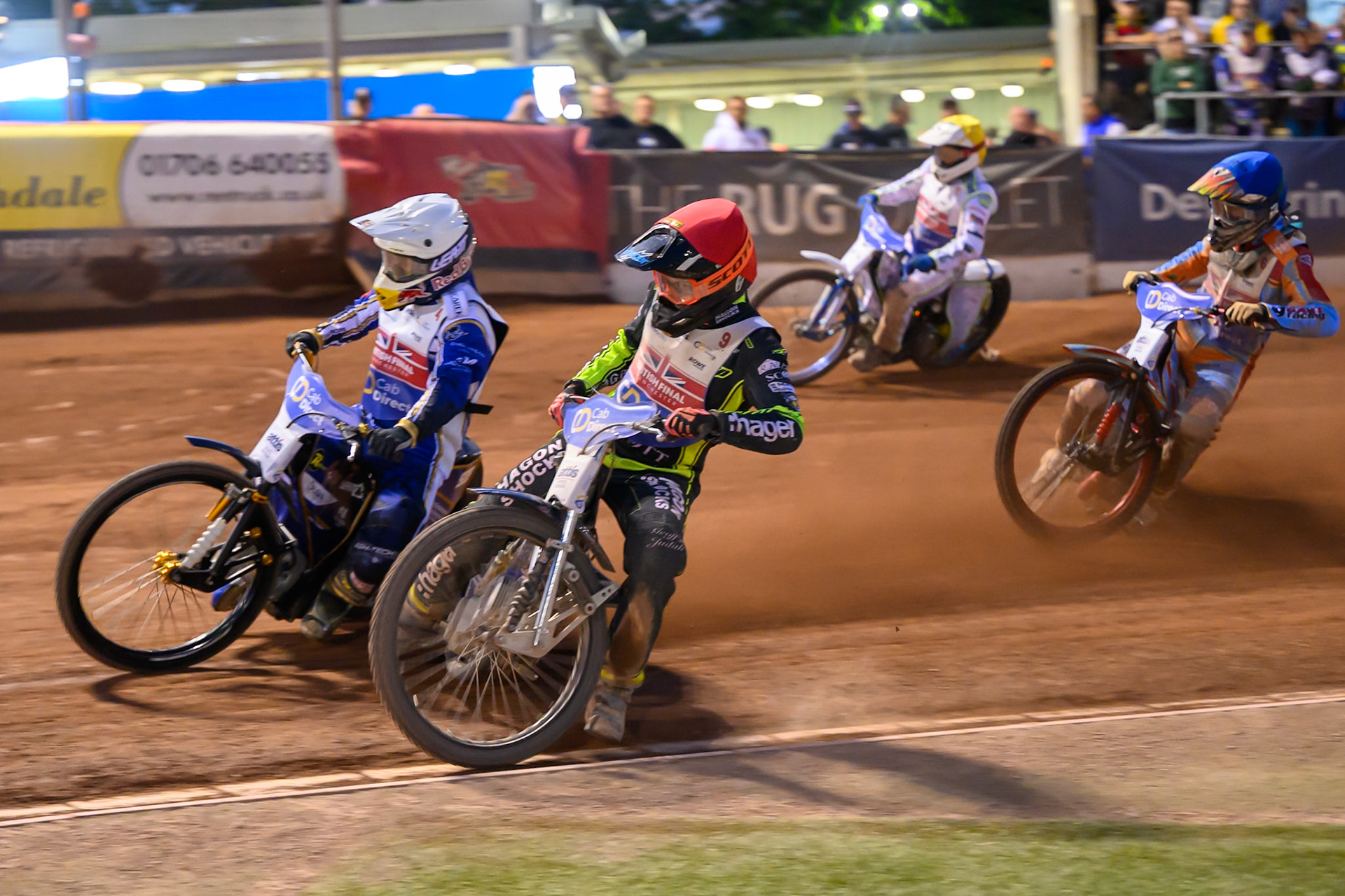 Jason Edwards (9) in Red rides inside Robert Lambert (4) in White  with Drew Kemp (6) in Blue  and Chris Harris (15) in Yellow  behind during the Cab Direct British Speedway Championship Final at the National Speedway Stadium, Manchester on Saturday 15th August 2026. (Photo: Ian Charles | MI News)
