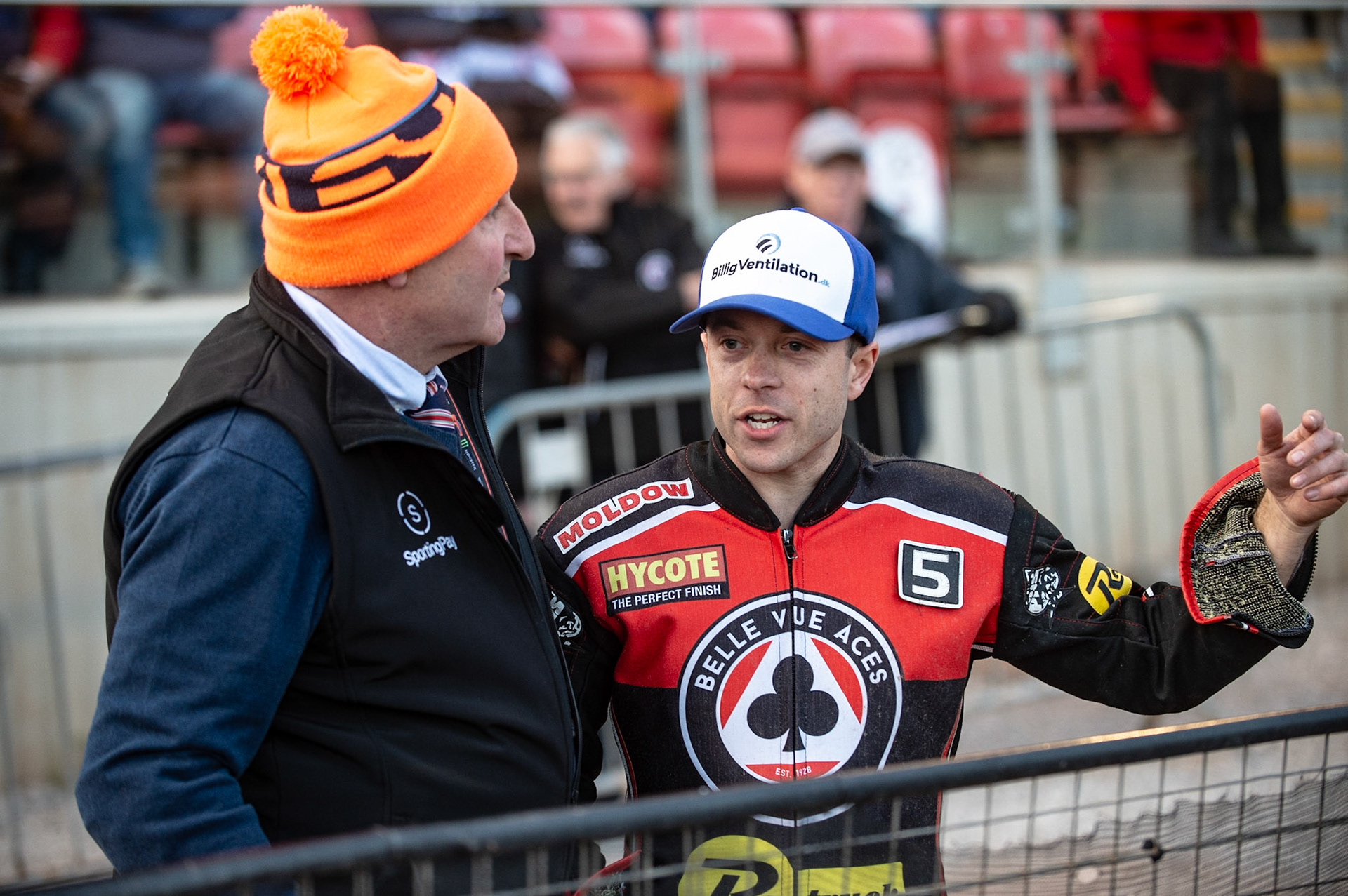 Photo by Ian Charles:

Kenneth Bjerre  (right) raises a point with Clerk Of The Course, Steve Wignall 

Belle Vue Aces v Peterborough Panthers, British Speedway Premiership, National Speedway Stadium, Manchester, Monday, 29, April, 2019